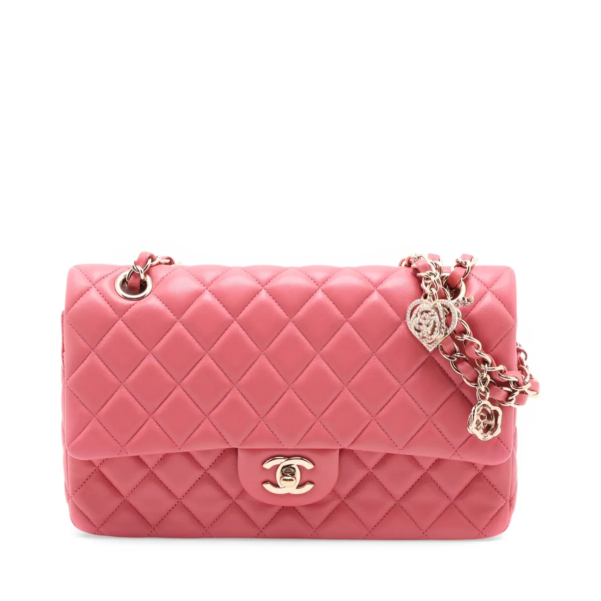 Matelassé Lambskin Single Flap Double Chain Bag, Camellia Pearl Pink Gold Hardware, 19203364, serial number in the 19 range.