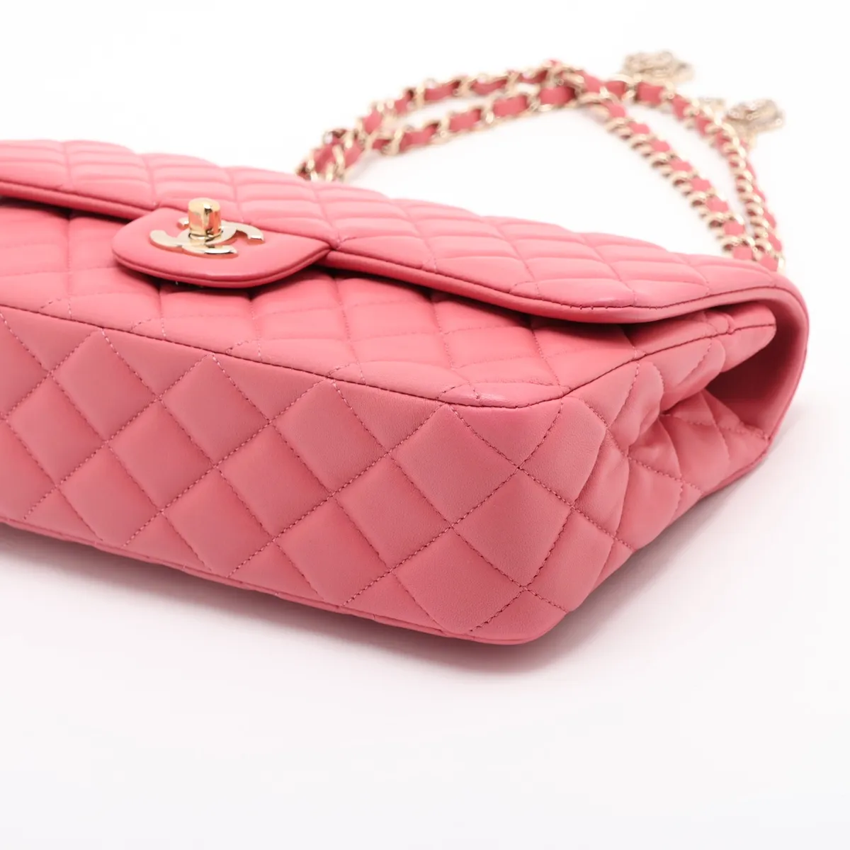 Matelassé Lambskin Single Flap Double Chain Bag, Camellia Pearl Pink Gold Hardware, 19203364, serial number in the 19 range. — view 3