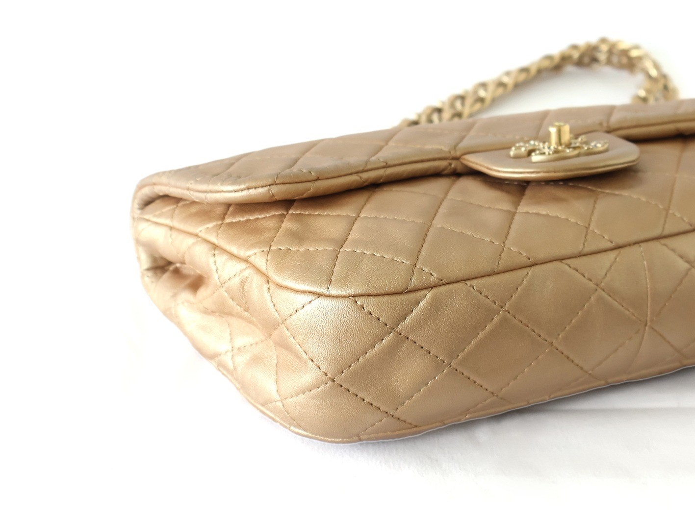 Matelassé Lambskin Double Chain Shoulder Bag, Gold — view 3