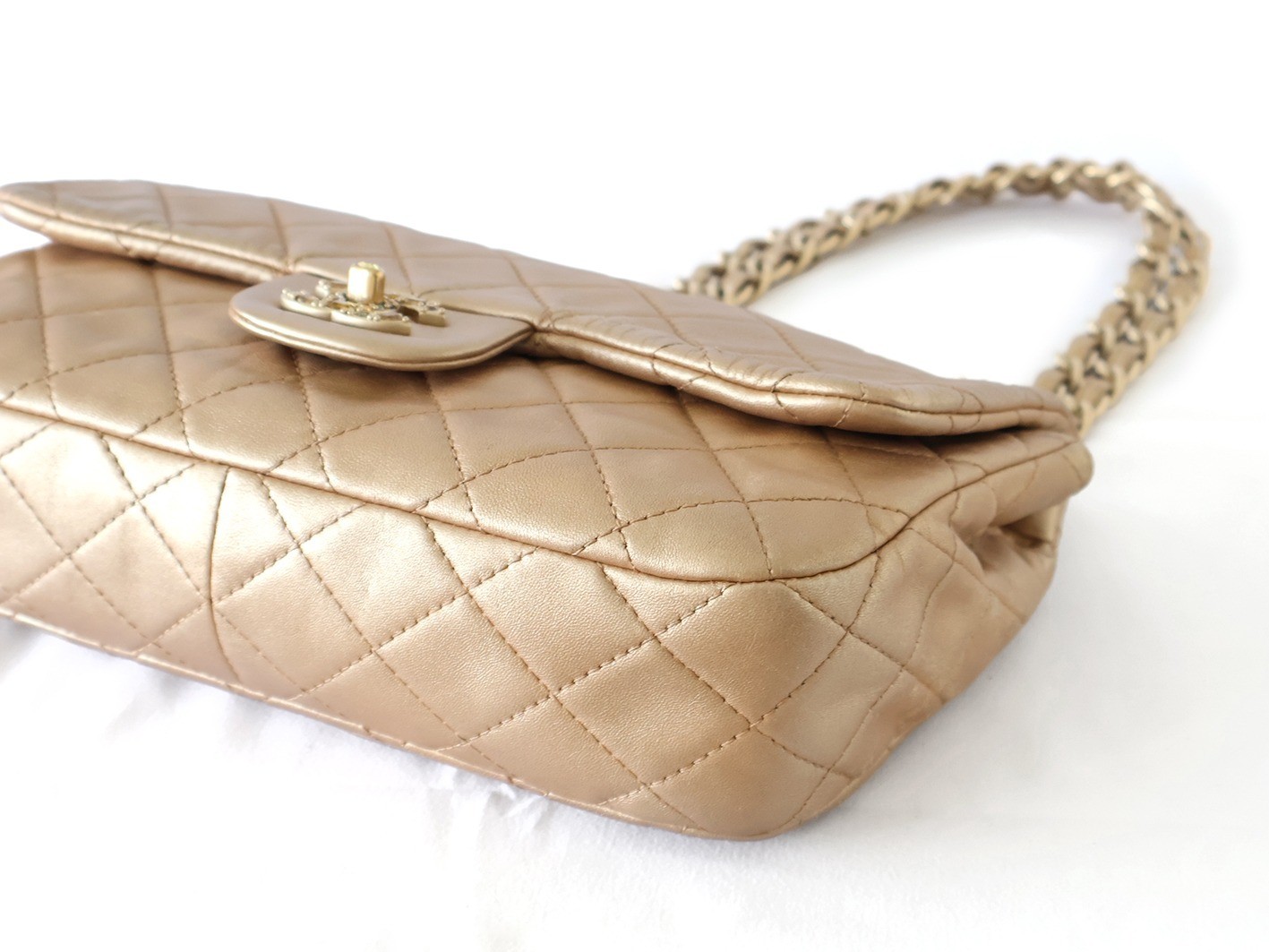 Matelassé Lambskin Double Chain Shoulder Bag, Gold — view 4