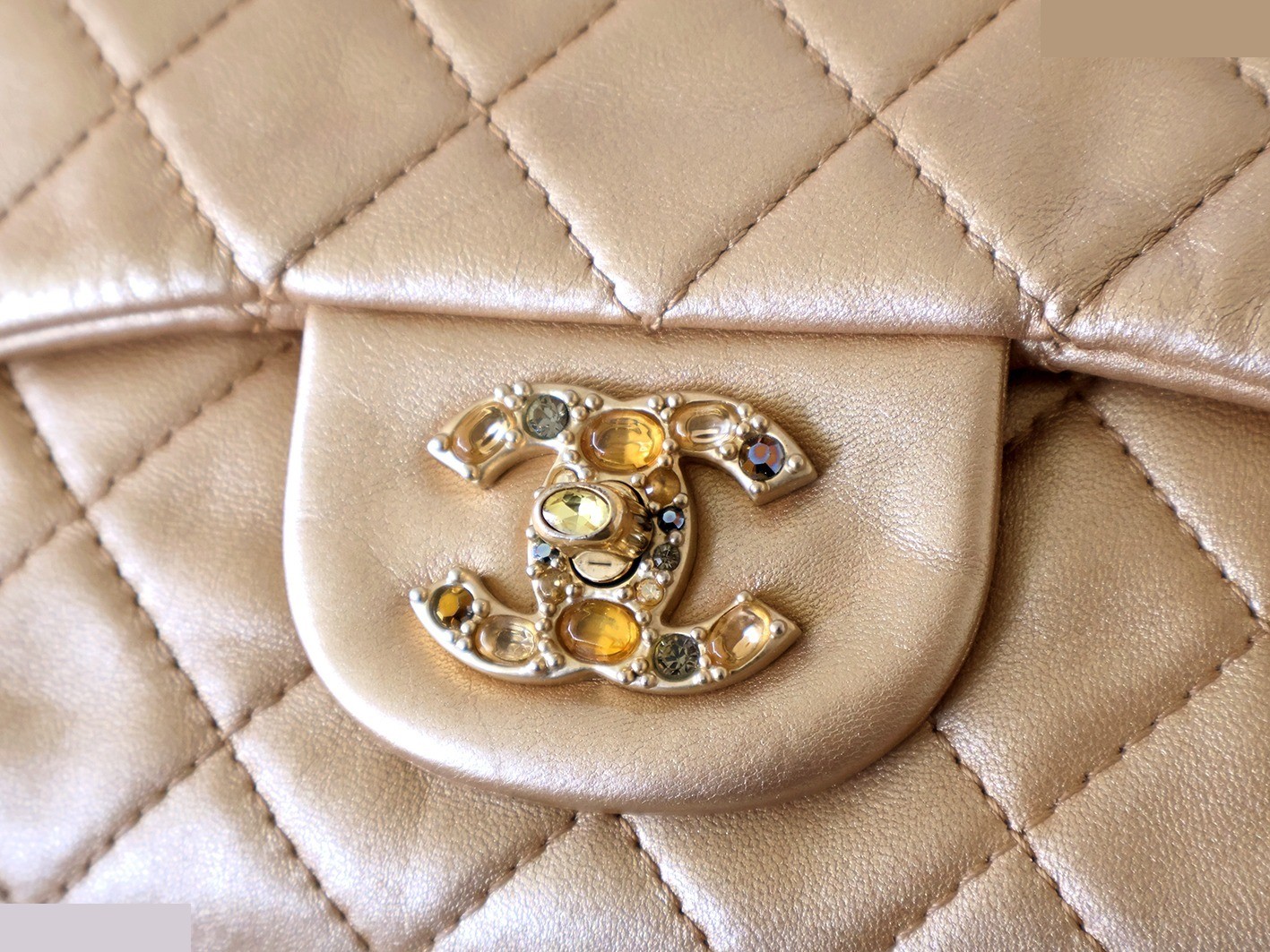 Matelassé Lambskin Double Chain Shoulder Bag, Gold — view 5