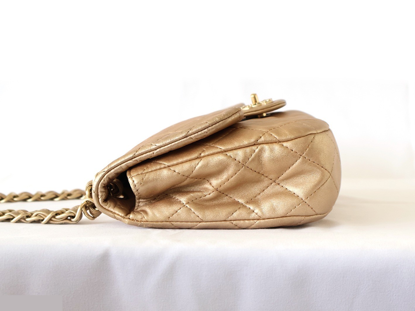 Matelassé Lambskin Double Chain Shoulder Bag, Gold — view 6