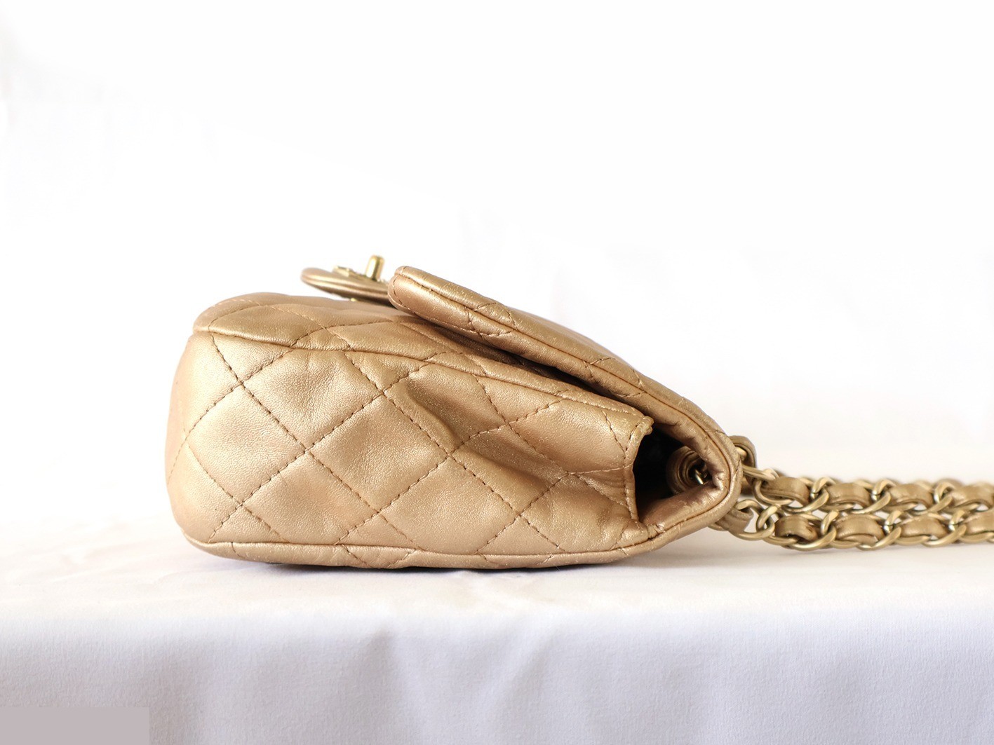 Matelassé Lambskin Double Chain Shoulder Bag, Gold — view 7
