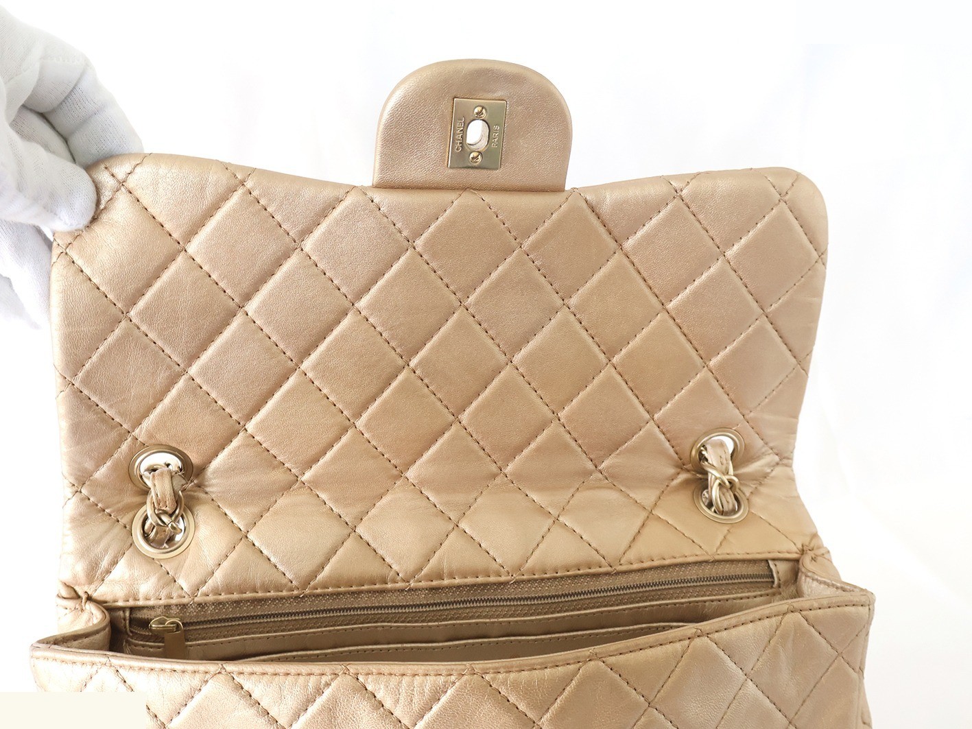 Matelassé Lambskin Double Chain Shoulder Bag, Gold — view 9