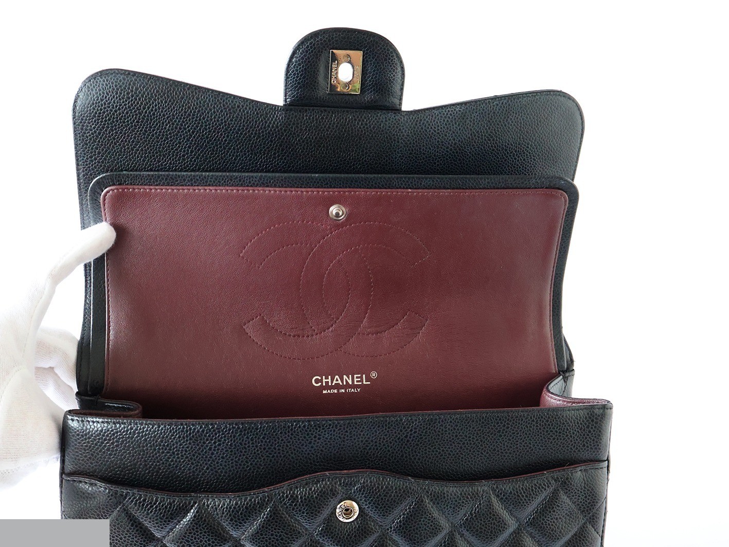 Caviar leather large matelassé double flap double chain shoulder bag, black — view 11
