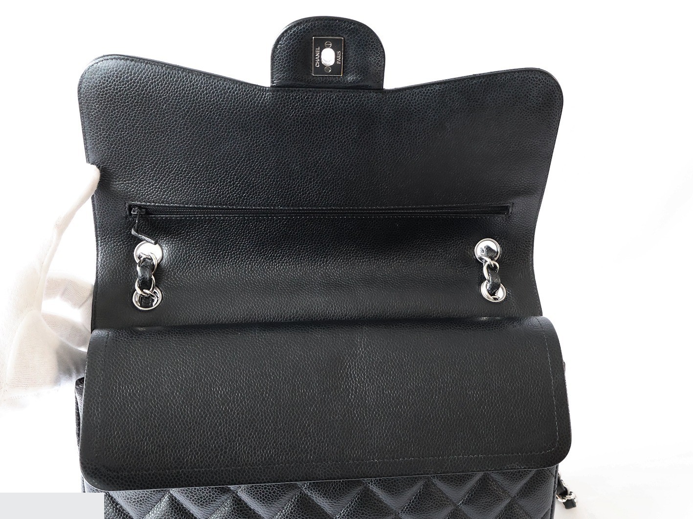 Caviar leather large matelassé double flap double chain shoulder bag, black — view 10