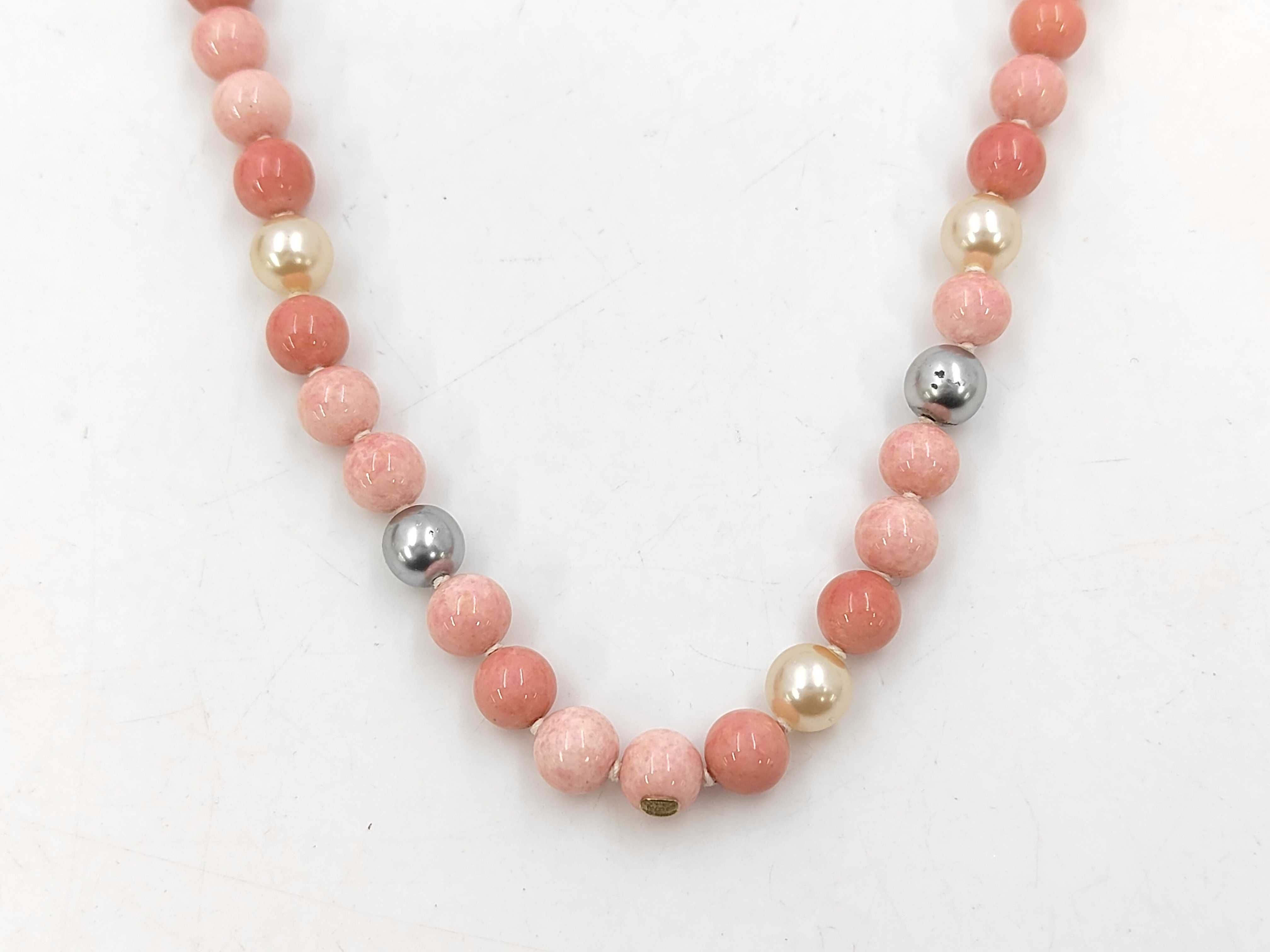 Natural Stone Long Necklace Pink Coco Mark Ribbon 03P Necklace