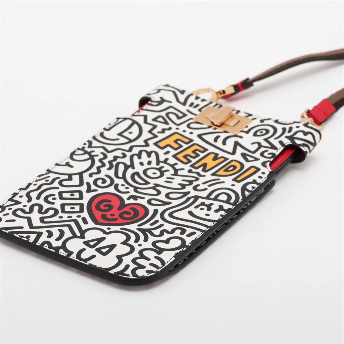 Leather Phone Pouch, White x Black x Red, 8M0442, Mr. Doodle Collaboration — view 3