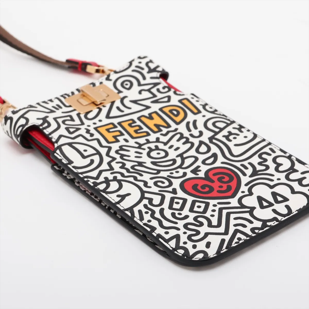 Leather Phone Pouch, White x Black x Red, 8M0442, Mr. Doodle Collaboration — view 4