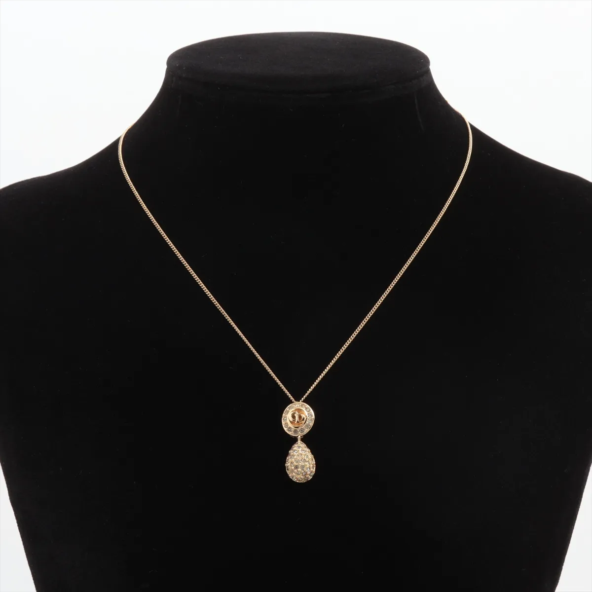 CD logo necklace, gold plated with rhinestones. Shows signs of wear, — view 5
