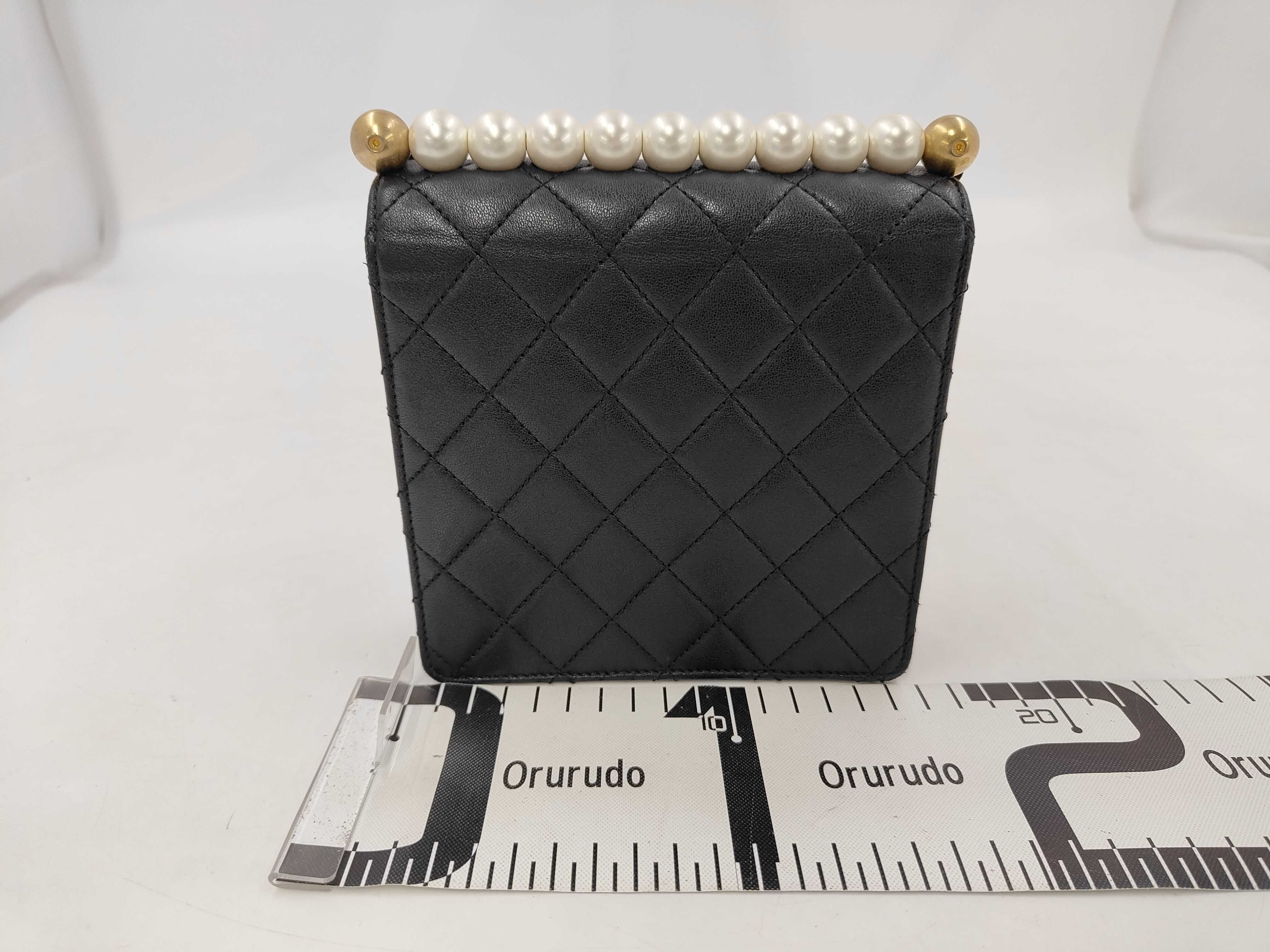 Mini Matelassé Chain Shoulder Bag, Black Lambskin, Pearl Handle, Gold Hardware. — view 2