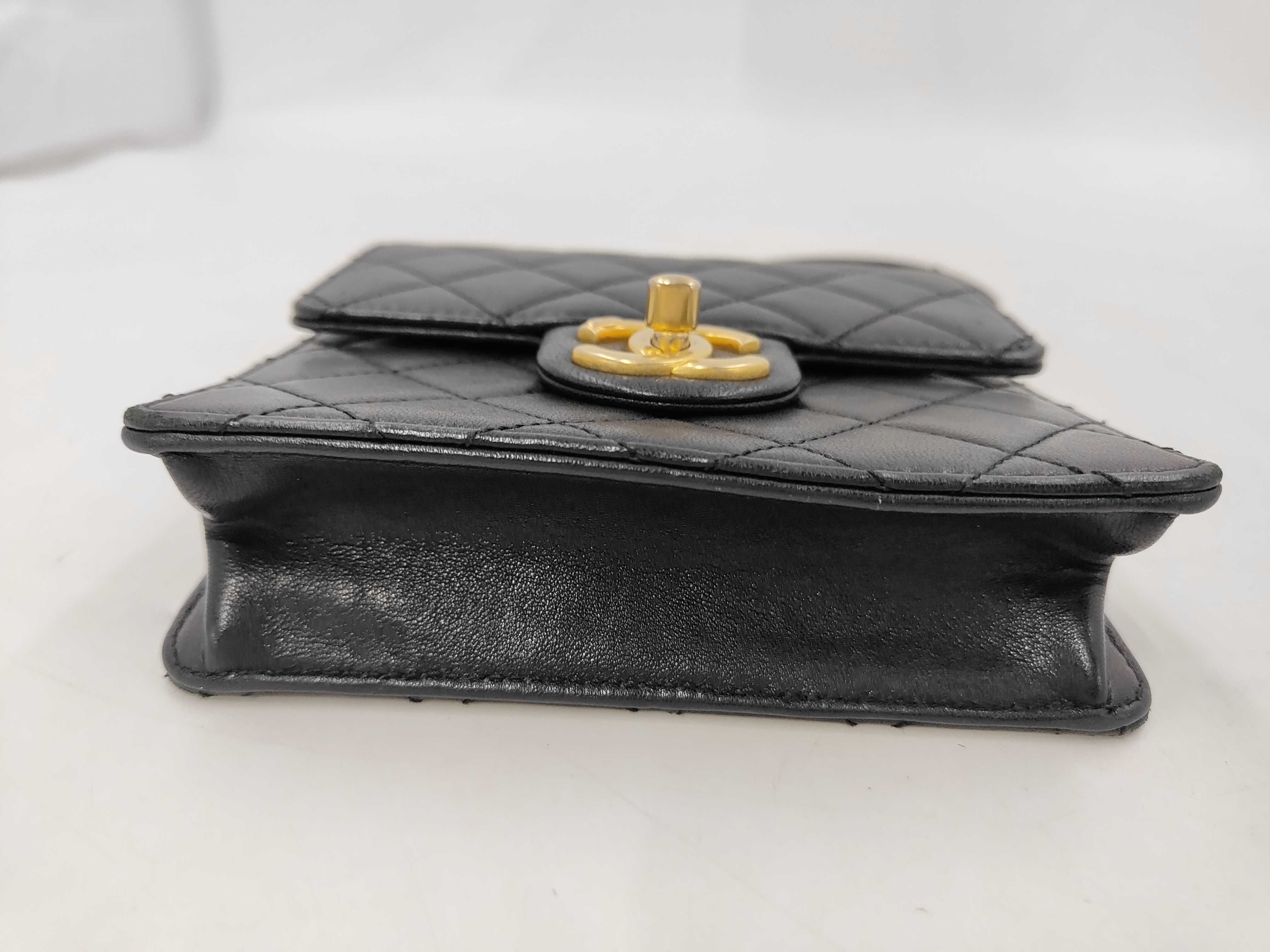 Mini Matelassé Chain Shoulder Bag, Black Lambskin, Pearl Handle, Gold Hardware. — view 3