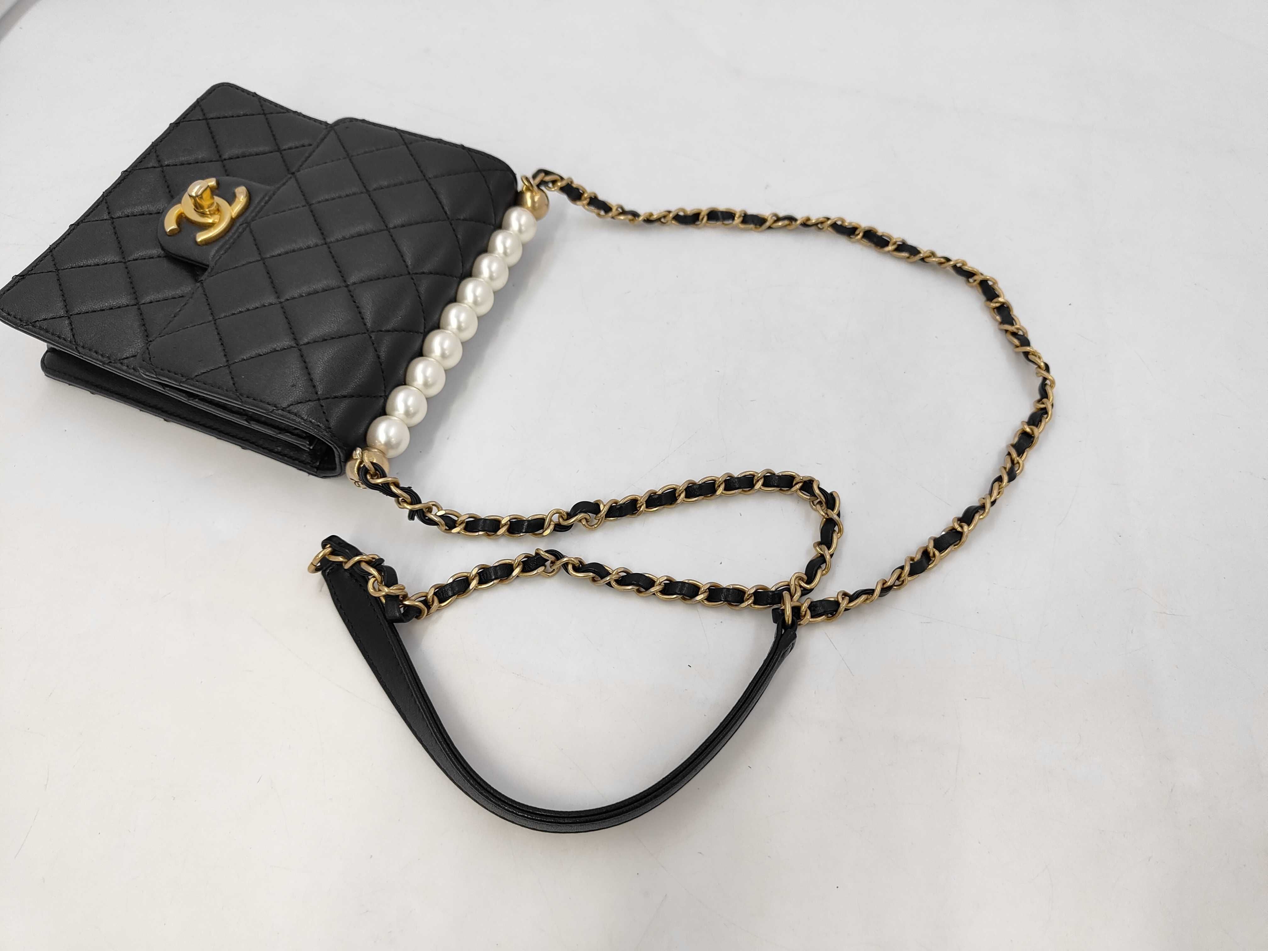 Mini Matelassé Chain Shoulder Bag, Black Lambskin, Pearl Handle, Gold Hardware. — view 5