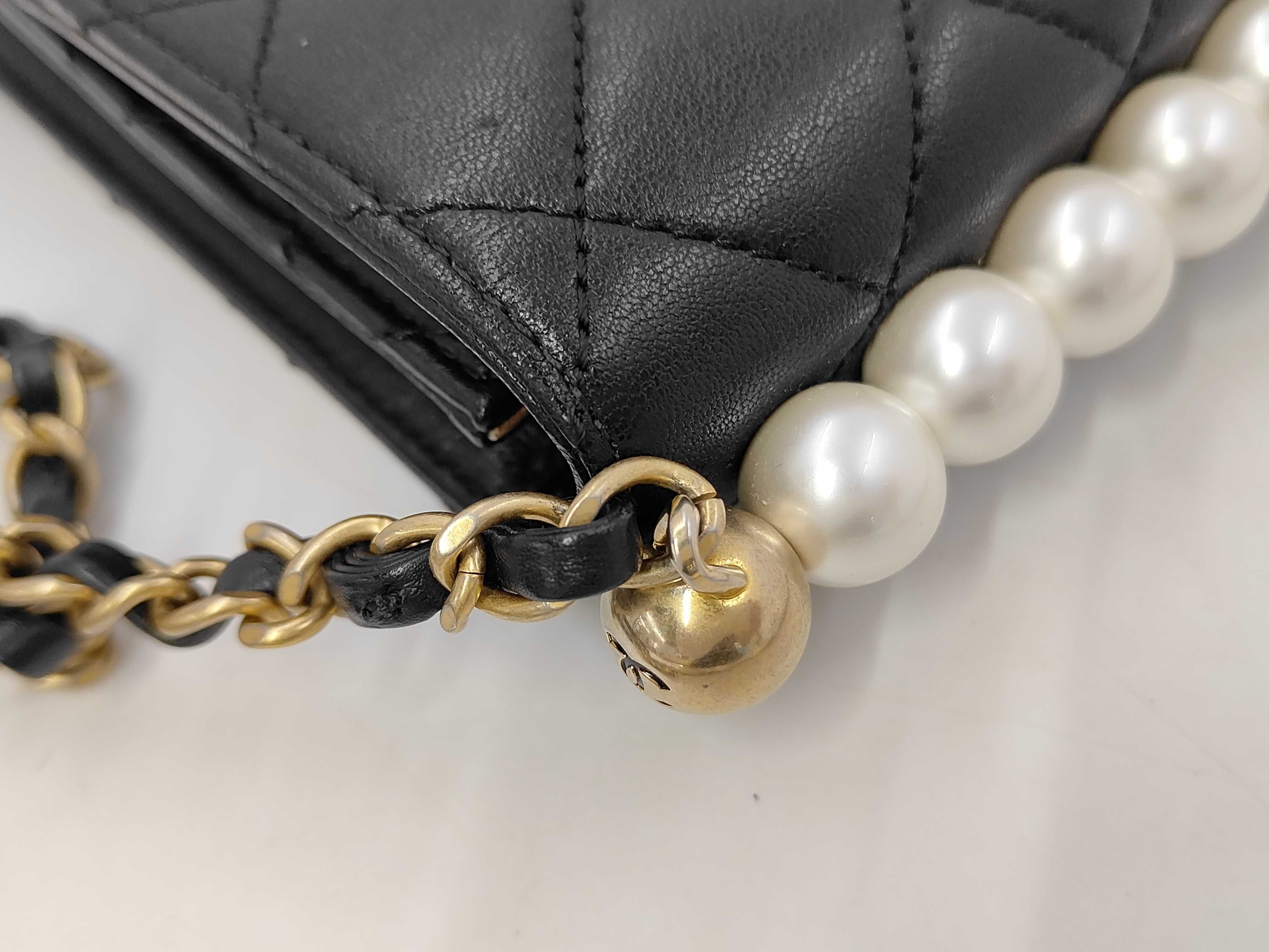 Mini Matelassé Chain Shoulder Bag, Black Lambskin, Pearl Handle, Gold Hardware. — view 7