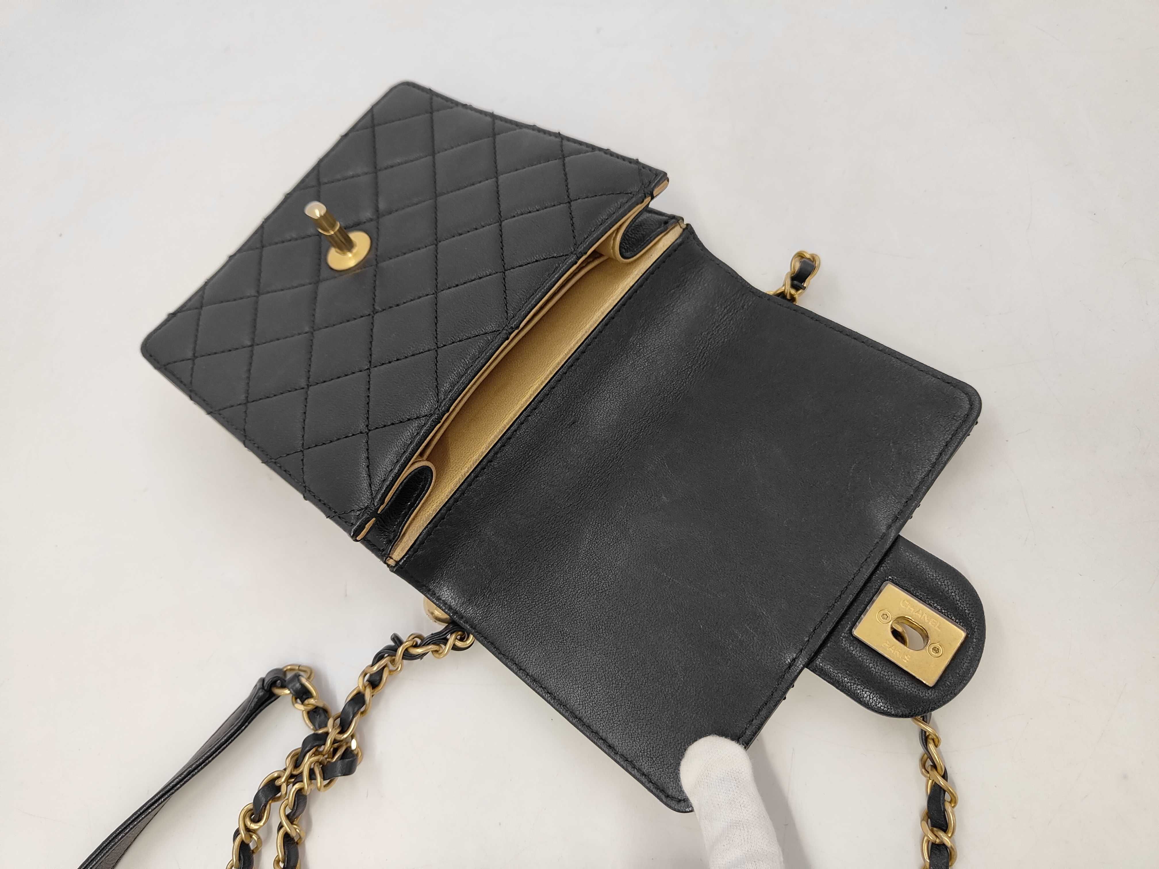 Mini Matelassé Chain Shoulder Bag, Black Lambskin, Pearl Handle, Gold Hardware. — view 8