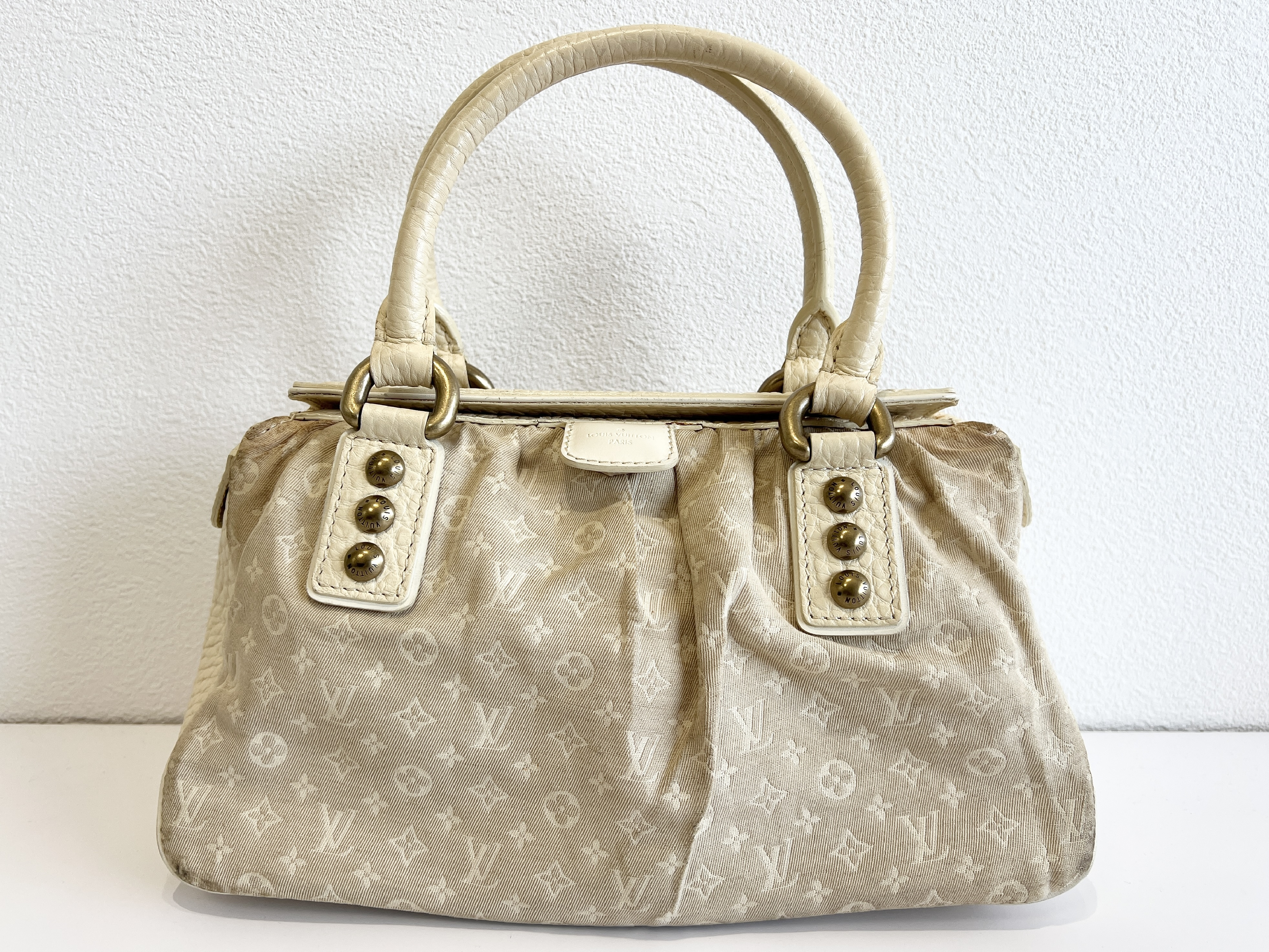 Monogram Logo Mini Lin Trapeze PM Dune Canvas Leather Handbag
