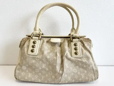 Monogram Logo Mini Lin Trapeze PM Dune Canvas Leather Handbag