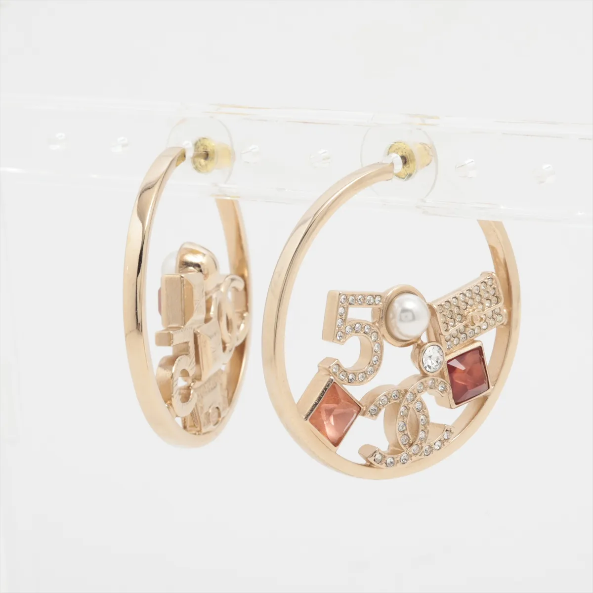 Coco Mark No. 5 A23B Earrings (Pair) GP x Rhinestone x Faux Pearl Gold