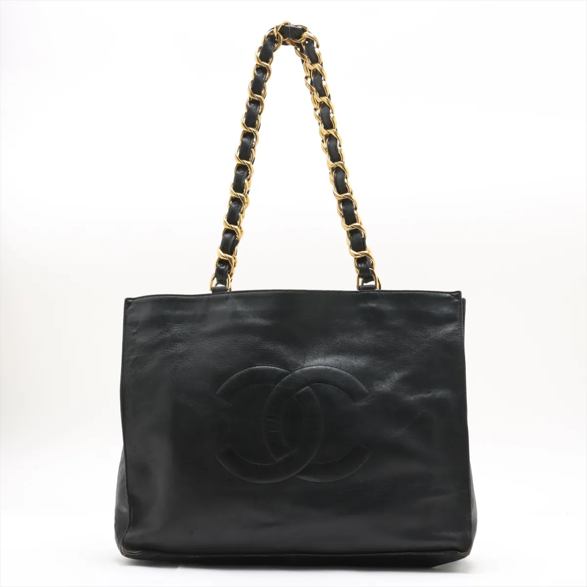 Decacoco Mark Leather Chain Tote Bag Black Gold Hardware