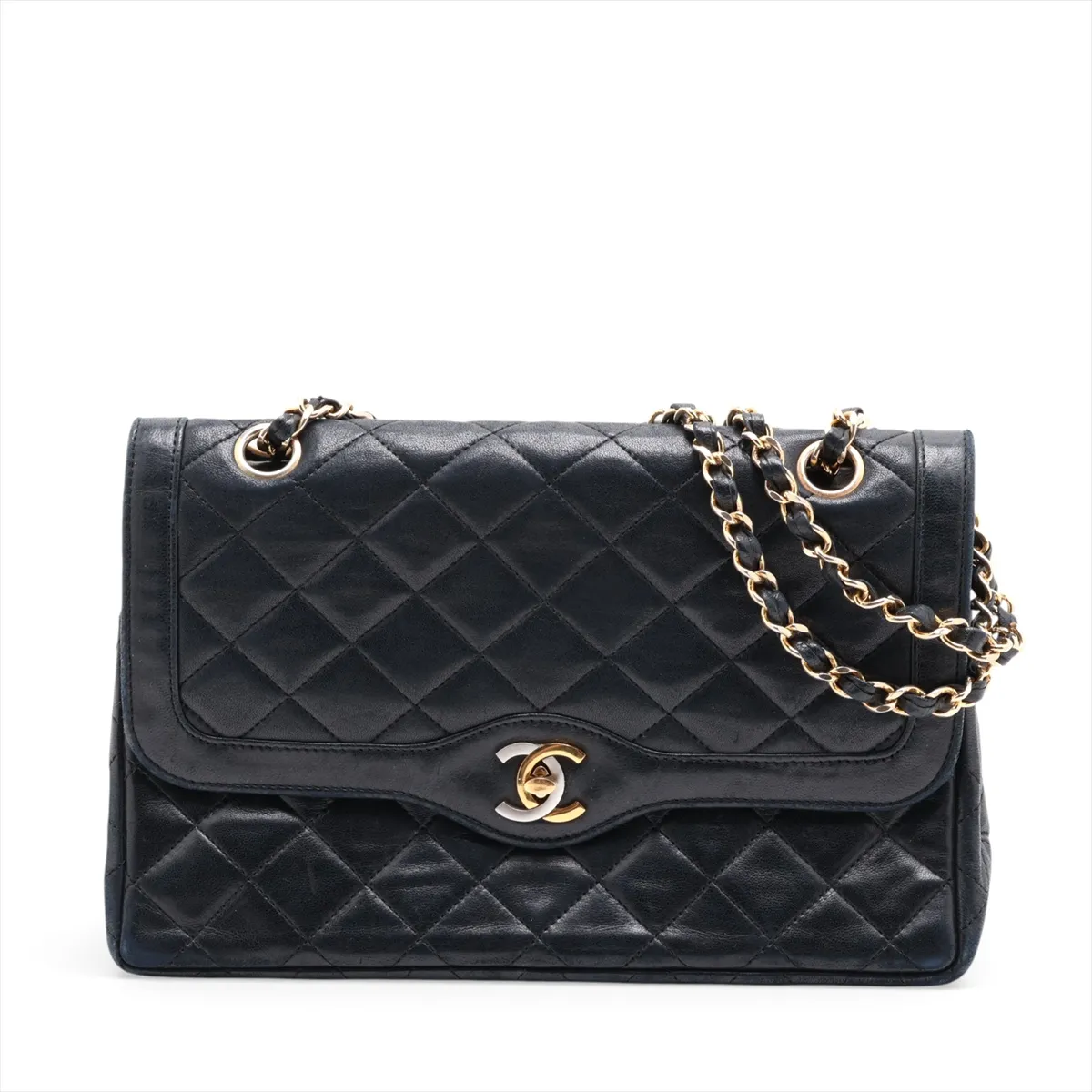 Matelassé Lambskin Double Flap Double Chain Bag, Paris Limited Edition, Black with Gold and Silver Hardware, 0475205 (Serial Number 0)