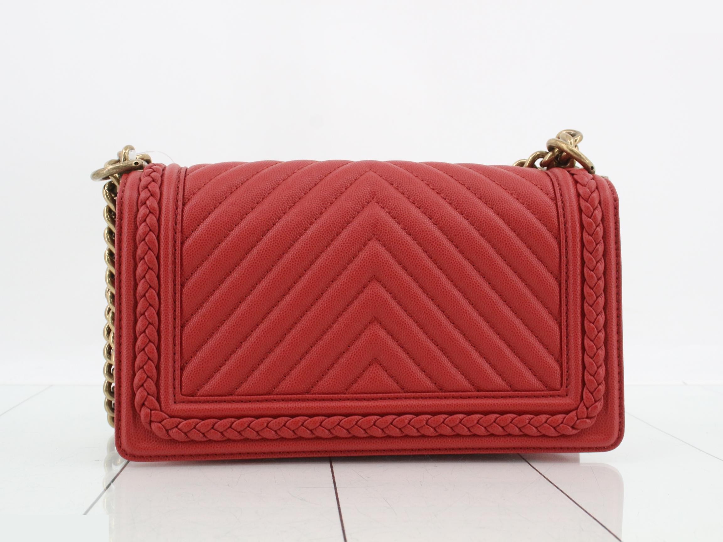 Boy Chanel Caviar V-stitch Chain Shoulder Bag, Red — view 2