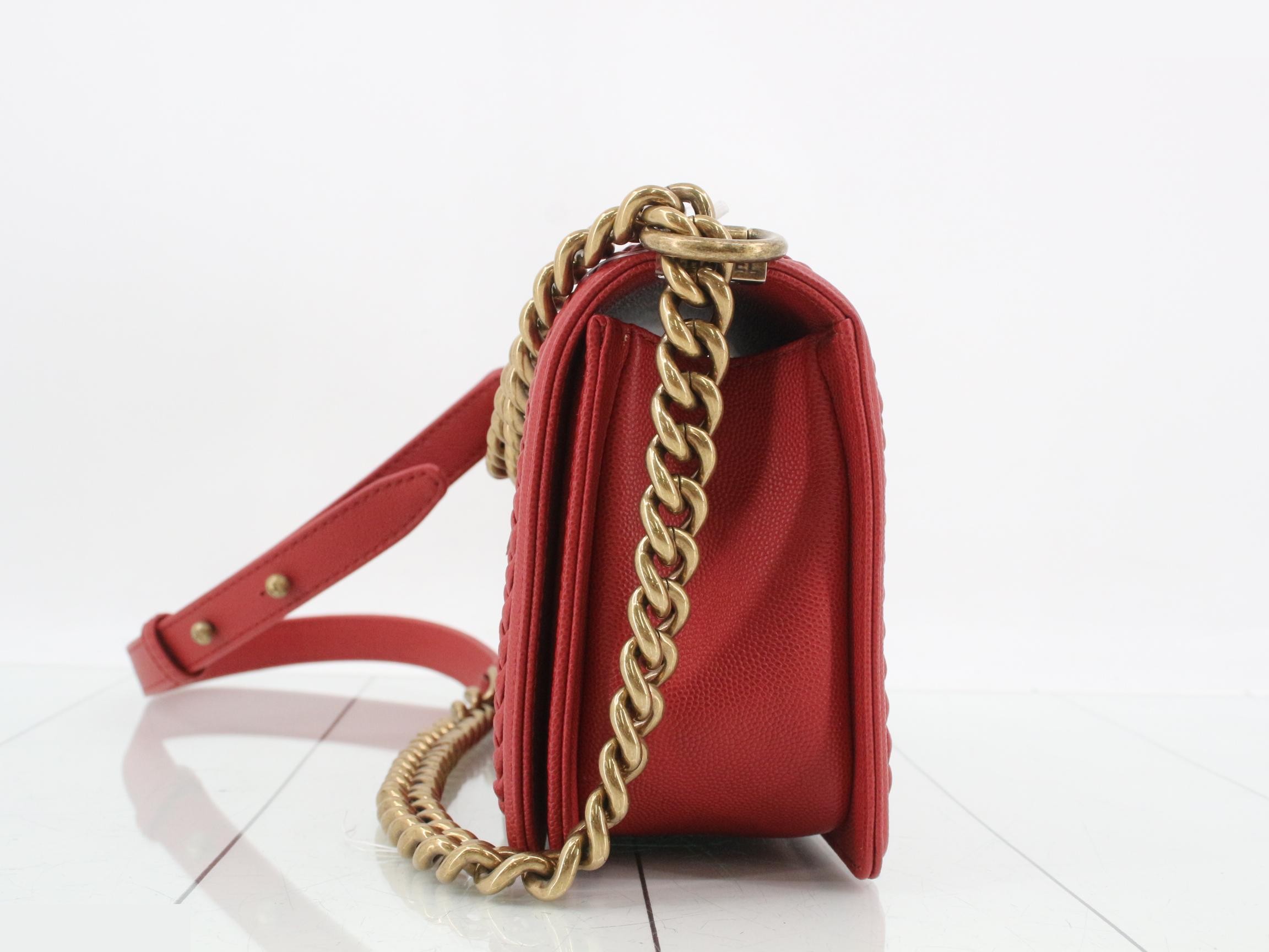 Boy Chanel Caviar V-stitch Chain Shoulder Bag, Red — view 3