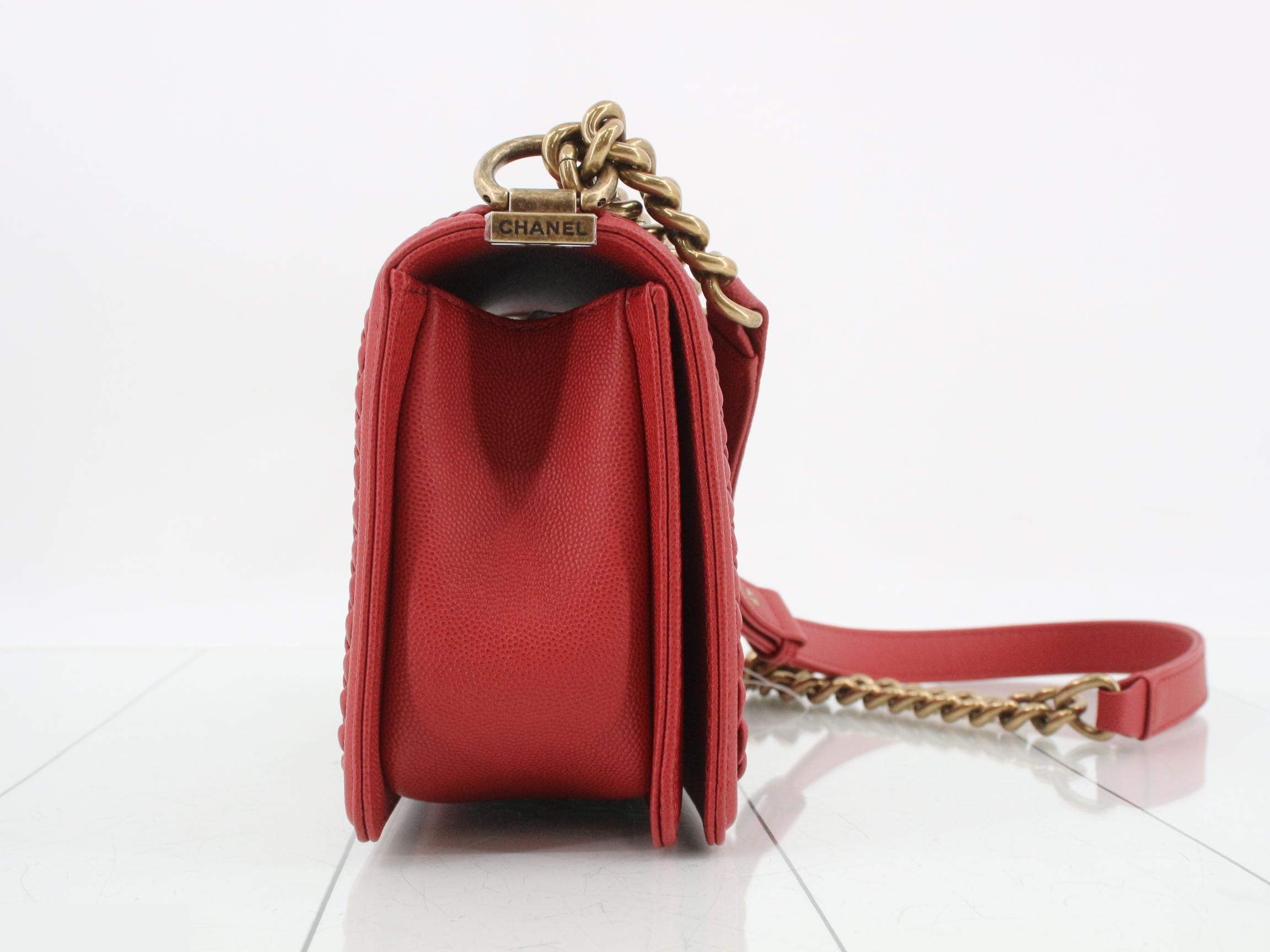 Boy Chanel Caviar V-stitch Chain Shoulder Bag, Red — view 4