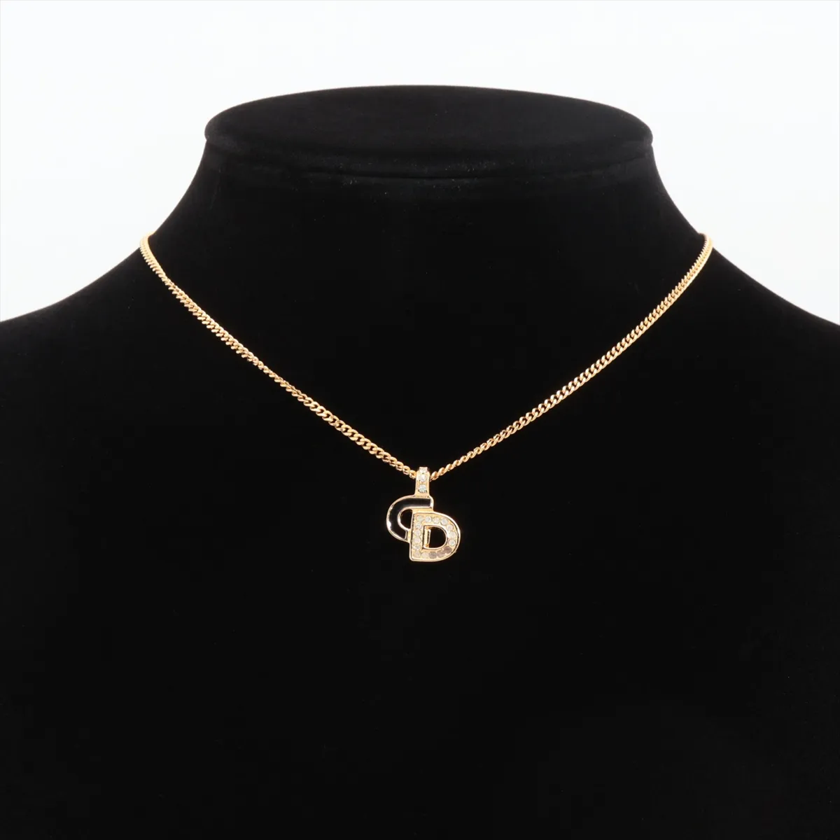 CD logo necklace, gold plated with rhinestones, black and gold. Shows signs of wear, — view 5