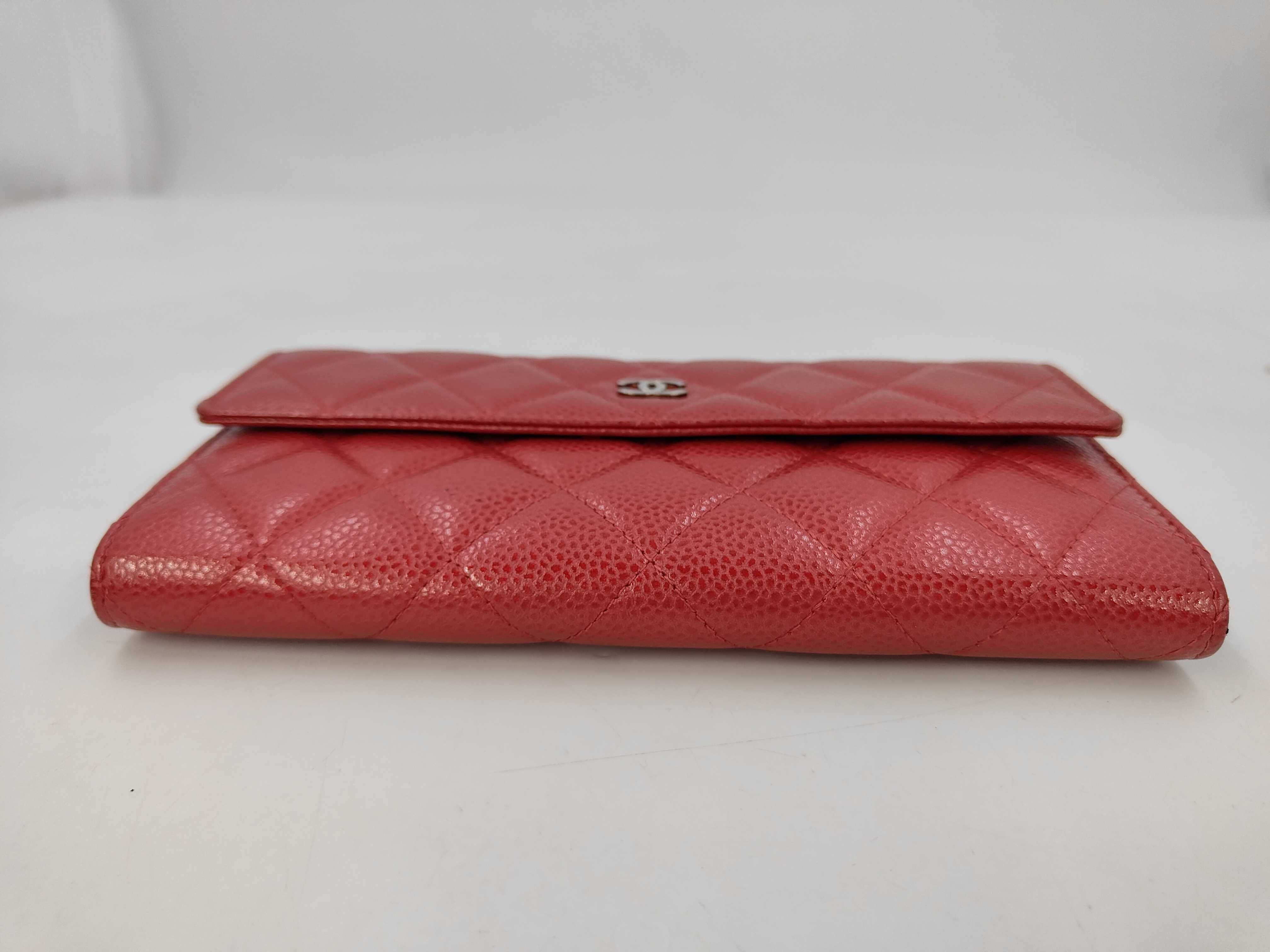 Caviar Skin Coco Matelassé Bi-fold Long Wallet, Silver Hardware, Red — view 3