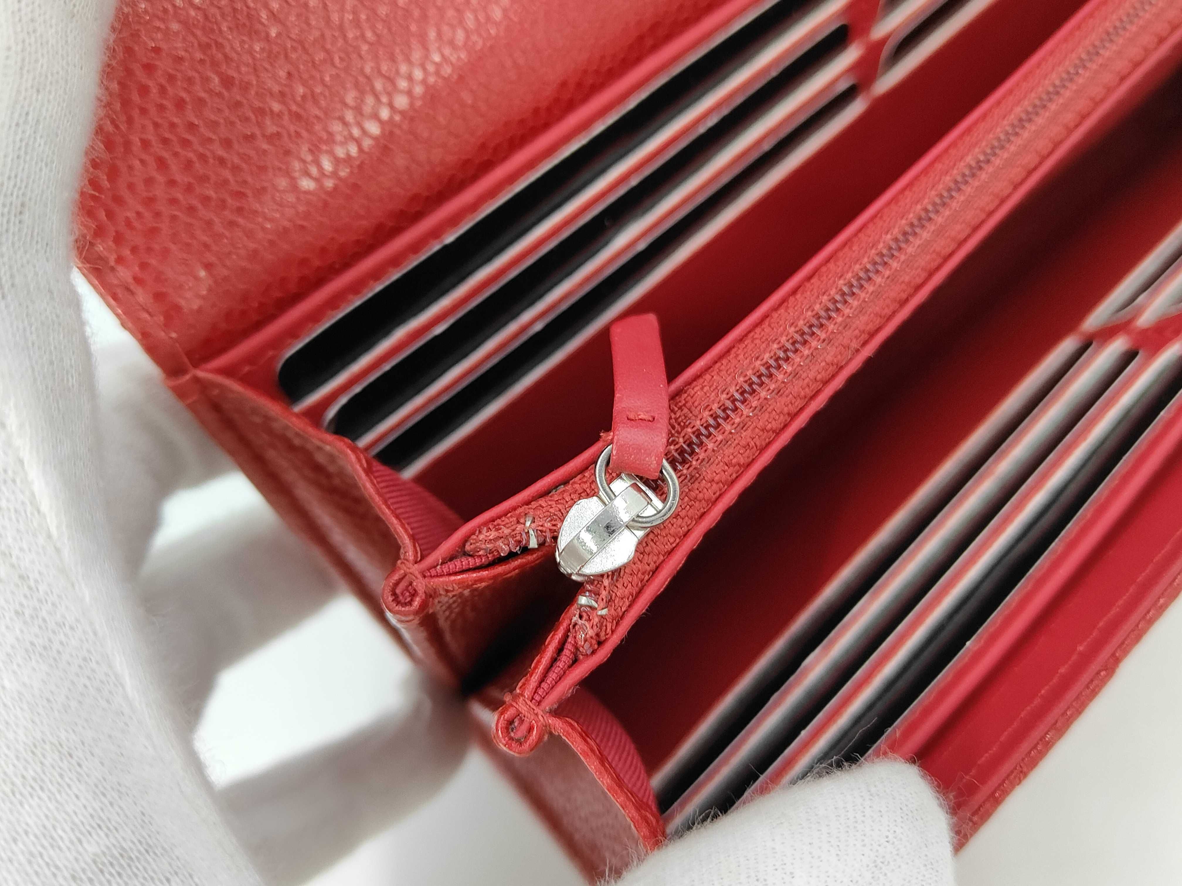 Caviar Skin Coco Matelassé Bi-fold Long Wallet, Silver Hardware, Red — view 9