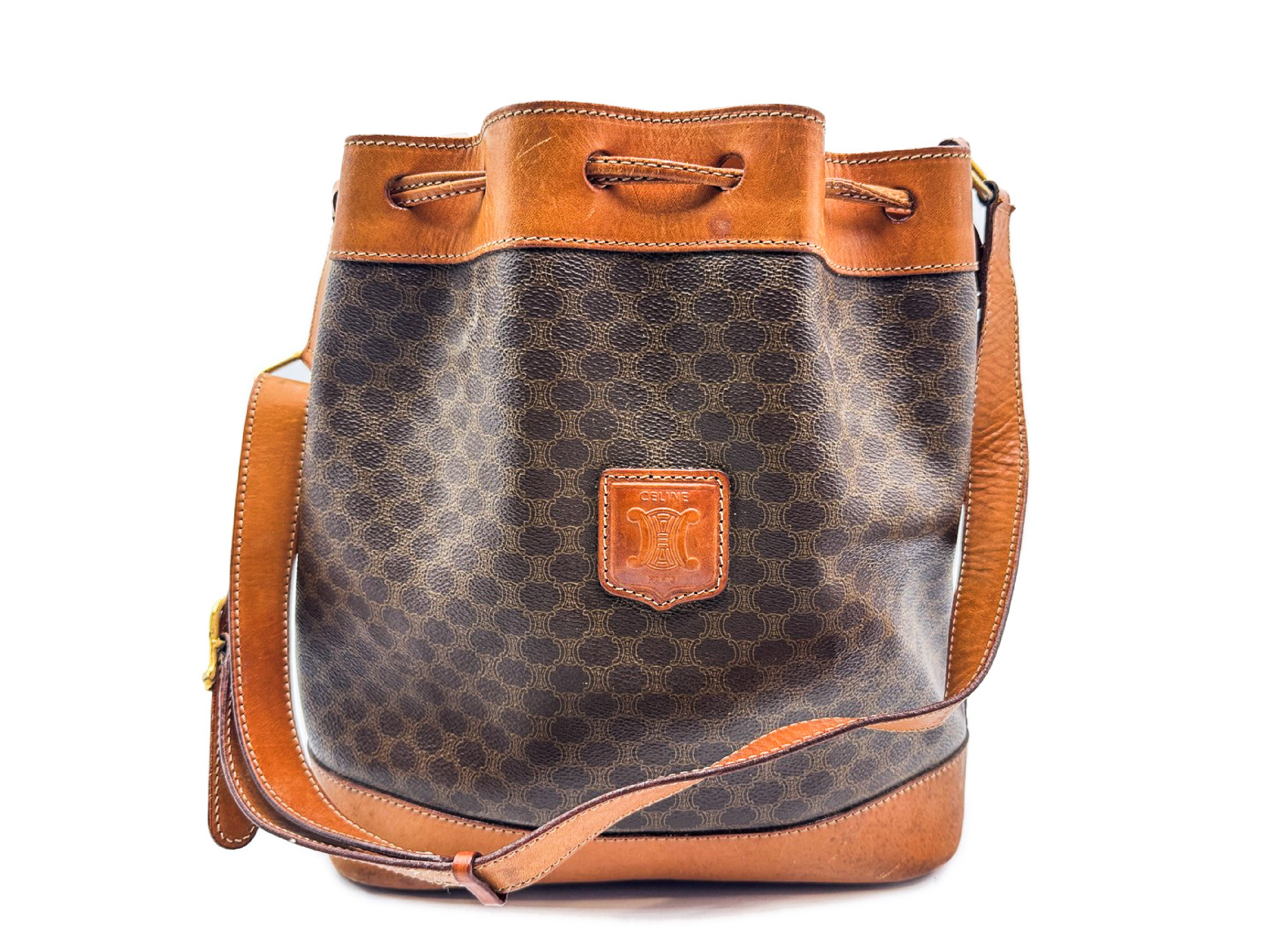 Macadam Pattern Drawstring Shoulder Bag Leather Shoulder Bag