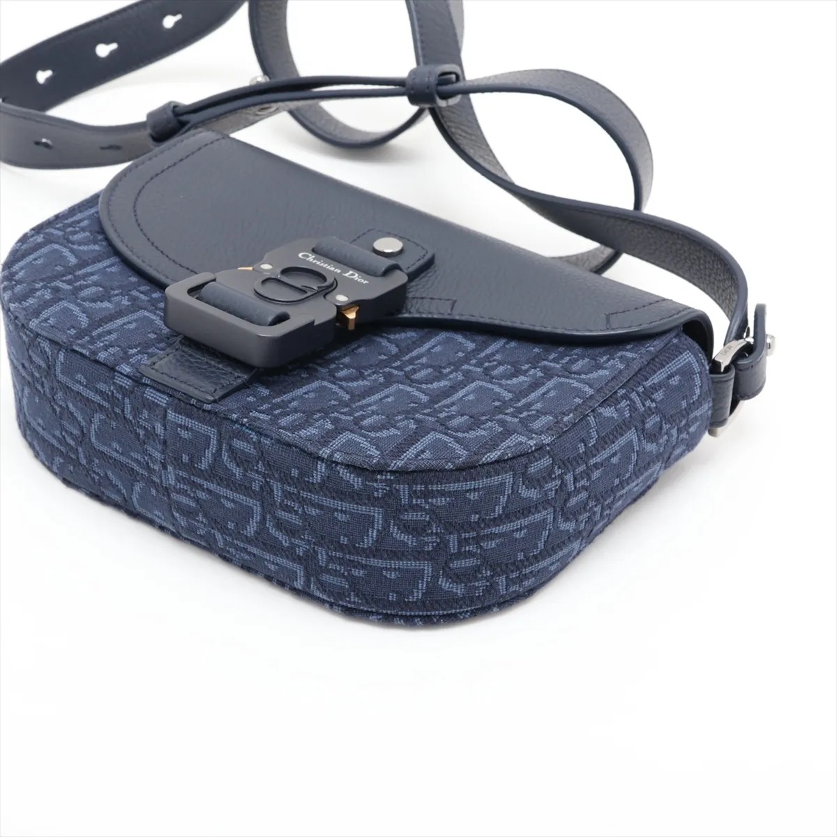 Oblique Saddle Messenger Mini Canvas x Leather Shoulder Bag, Navy, Lucky Star Outlet — view 3