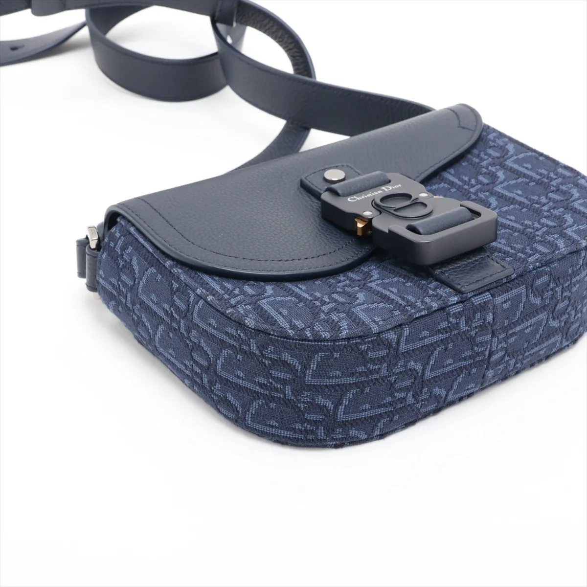 Oblique Saddle Messenger Mini Canvas x Leather Shoulder Bag, Navy, Lucky Star Outlet — view 4