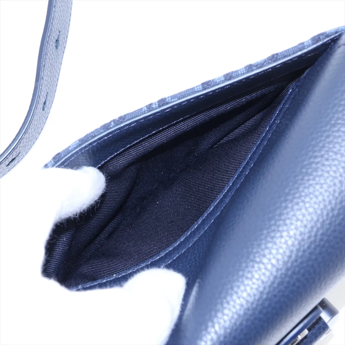 Oblique Saddle Messenger Mini Canvas x Leather Shoulder Bag, Navy, Lucky Star Outlet — view 8