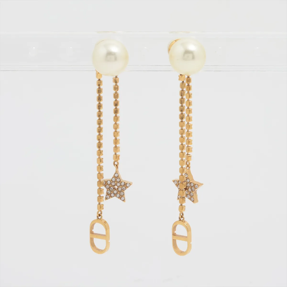 Tribales earrings (for both ears) GP x rhinestone x faux pearl Gold. Shows signs of wear, — view 2