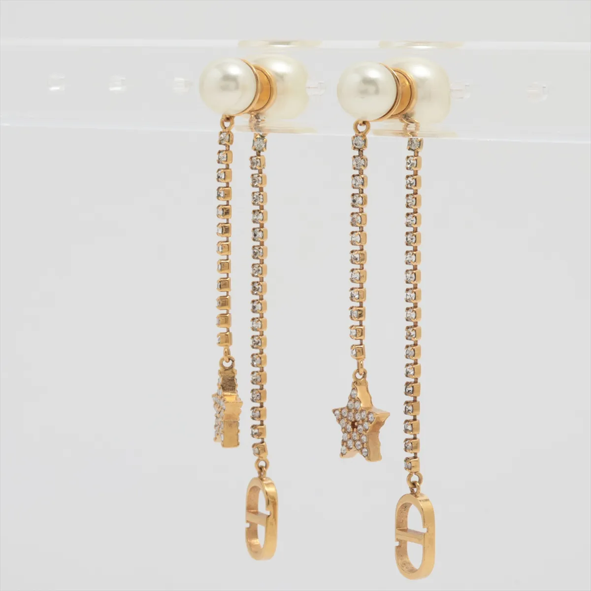 Tribales earrings (for both ears) GP x rhinestone x faux pearl Gold. Shows signs of wear, — view 3