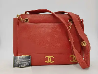 Chain Shoulder Bag, Triple Coco Mark, Red, Caviar Leather Shoulder Bag