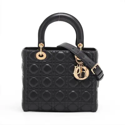 Cannage Lady Dior Leather 2-Way Handbag, Black, Unsigned Guarantee Card