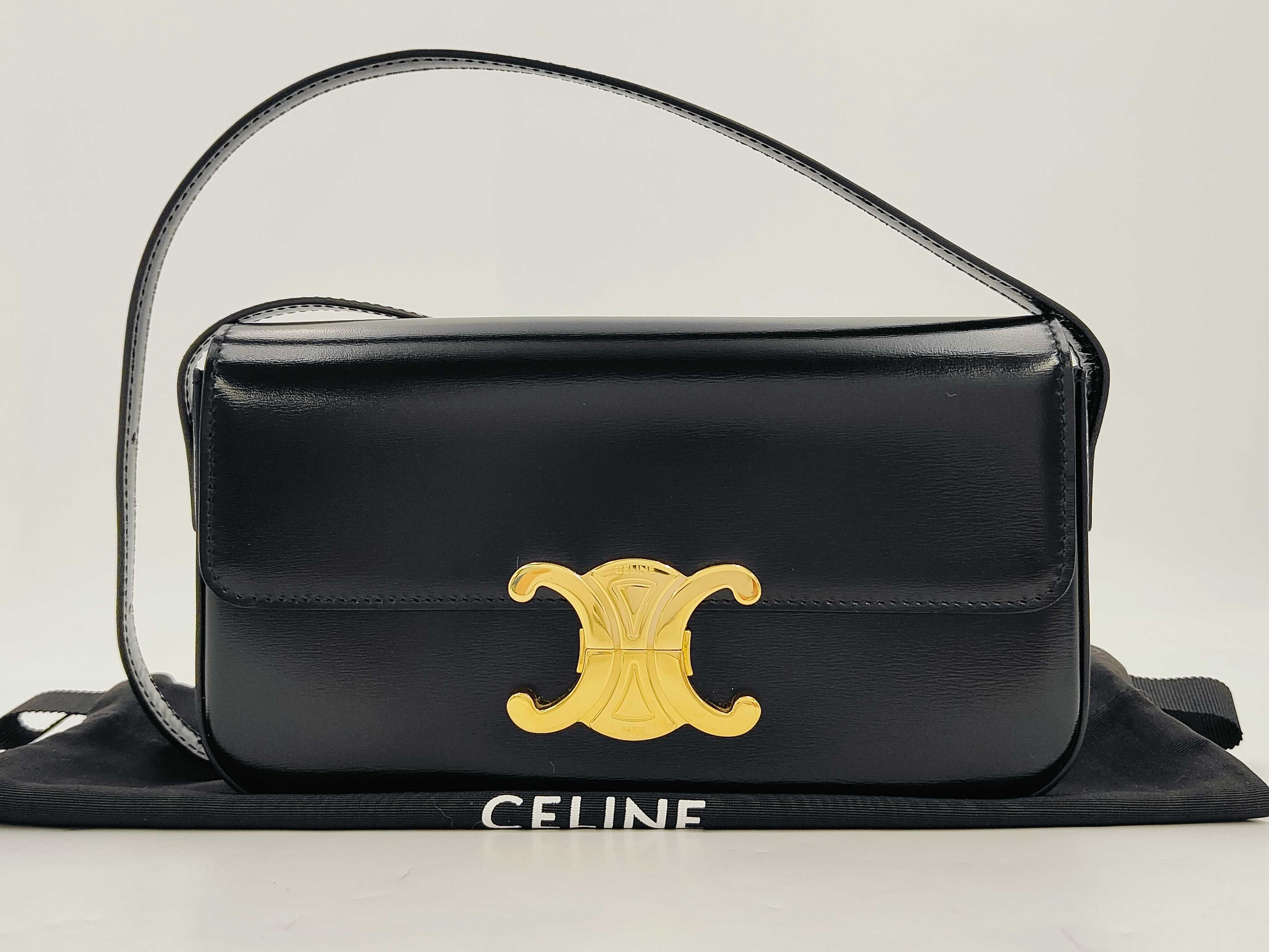 Triomphe Black Calfskin Leather Shoulder Bag with Gold Hardware and Leather Strap
