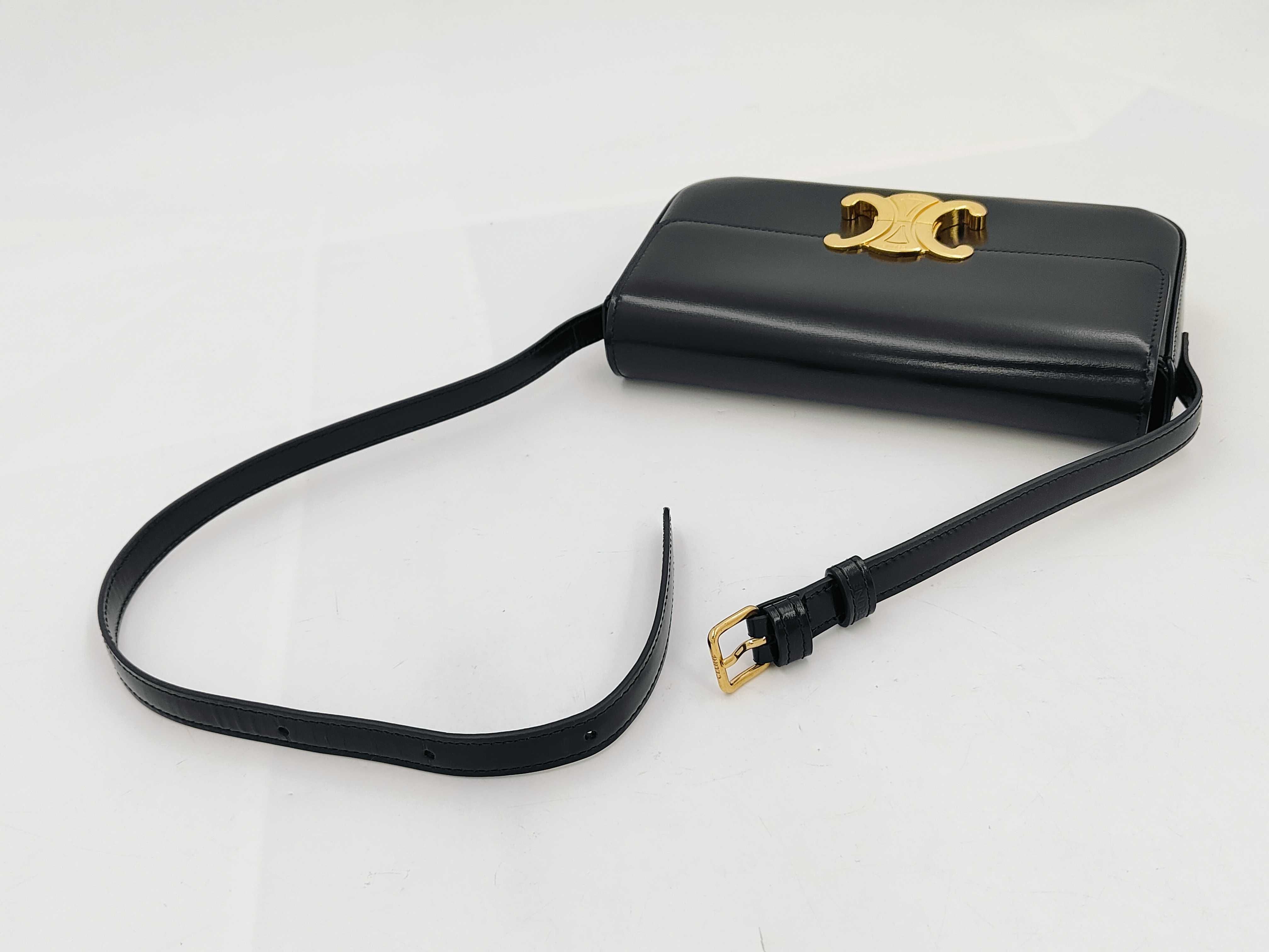 Triomphe Black Calfskin Leather Shoulder Bag with Gold Hardware and Leather Strap — view 3