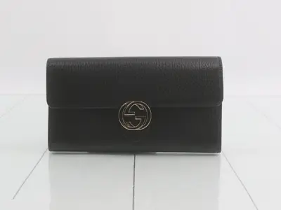 GG Interlocking Long Wallet, Black Leather