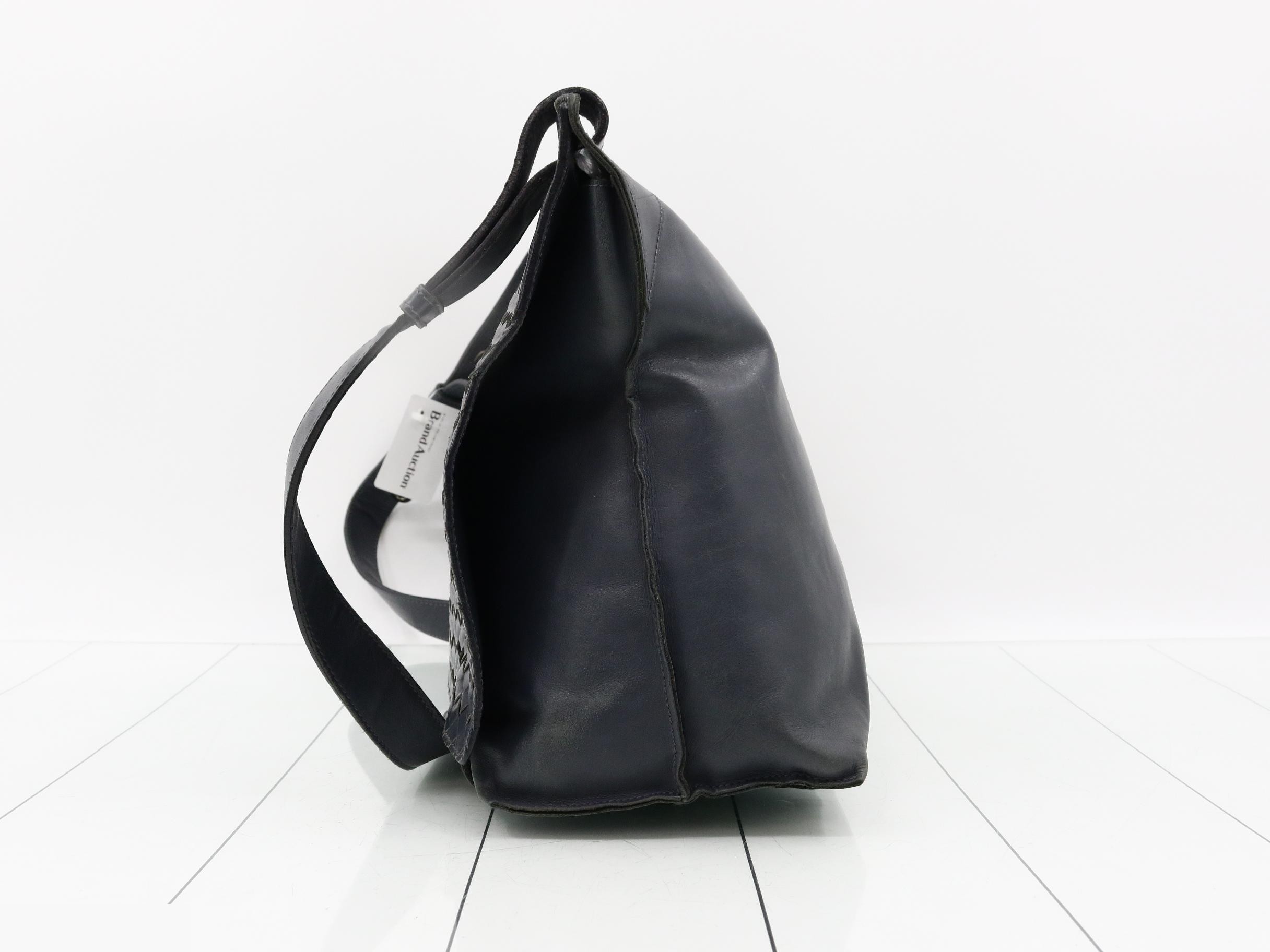 Intrecciato Leather Messenger Shoulder Bag, Navy — view 3
