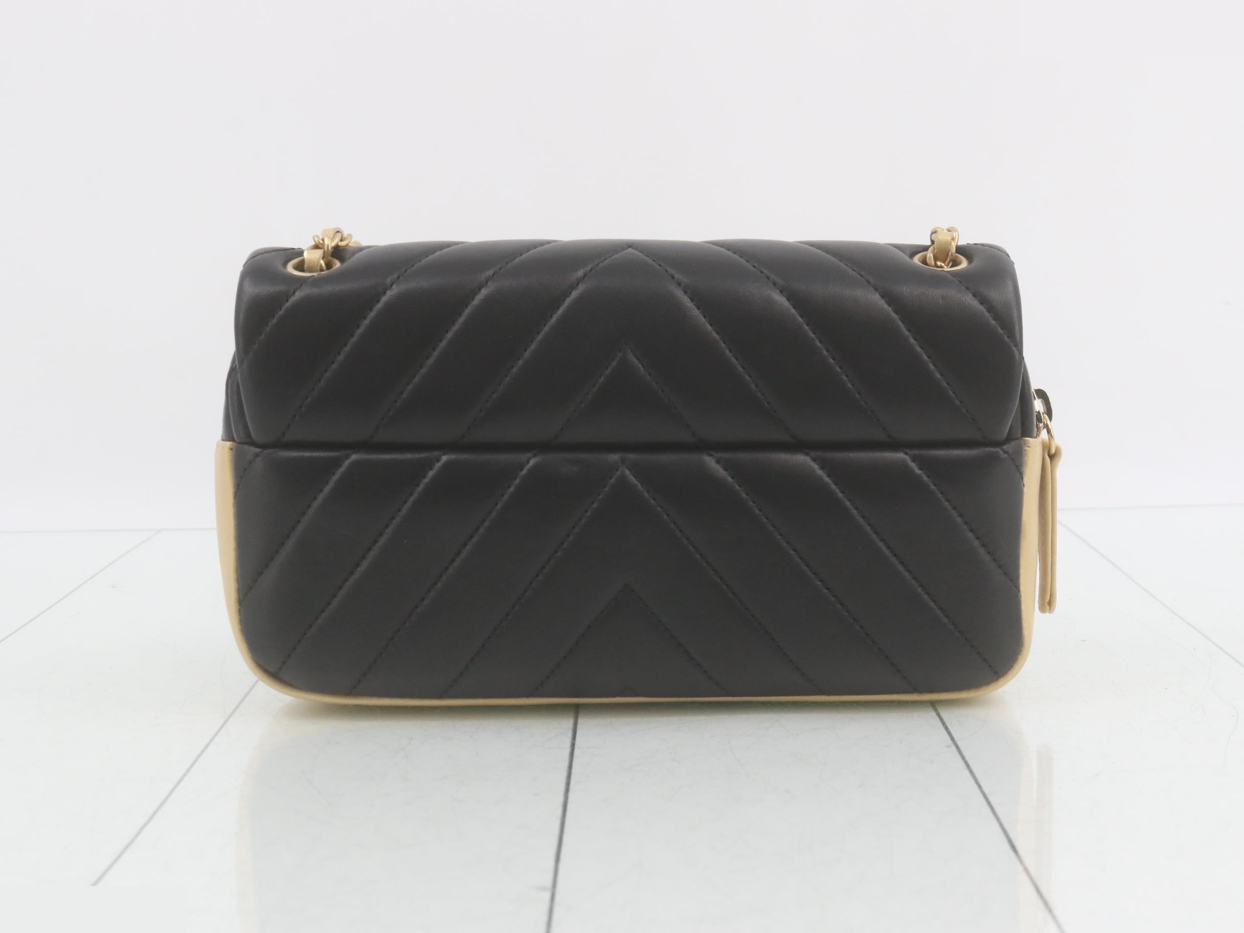 Lambskin V-stitch turn-lock double chain shoulder bag, two-tone. — view 2
