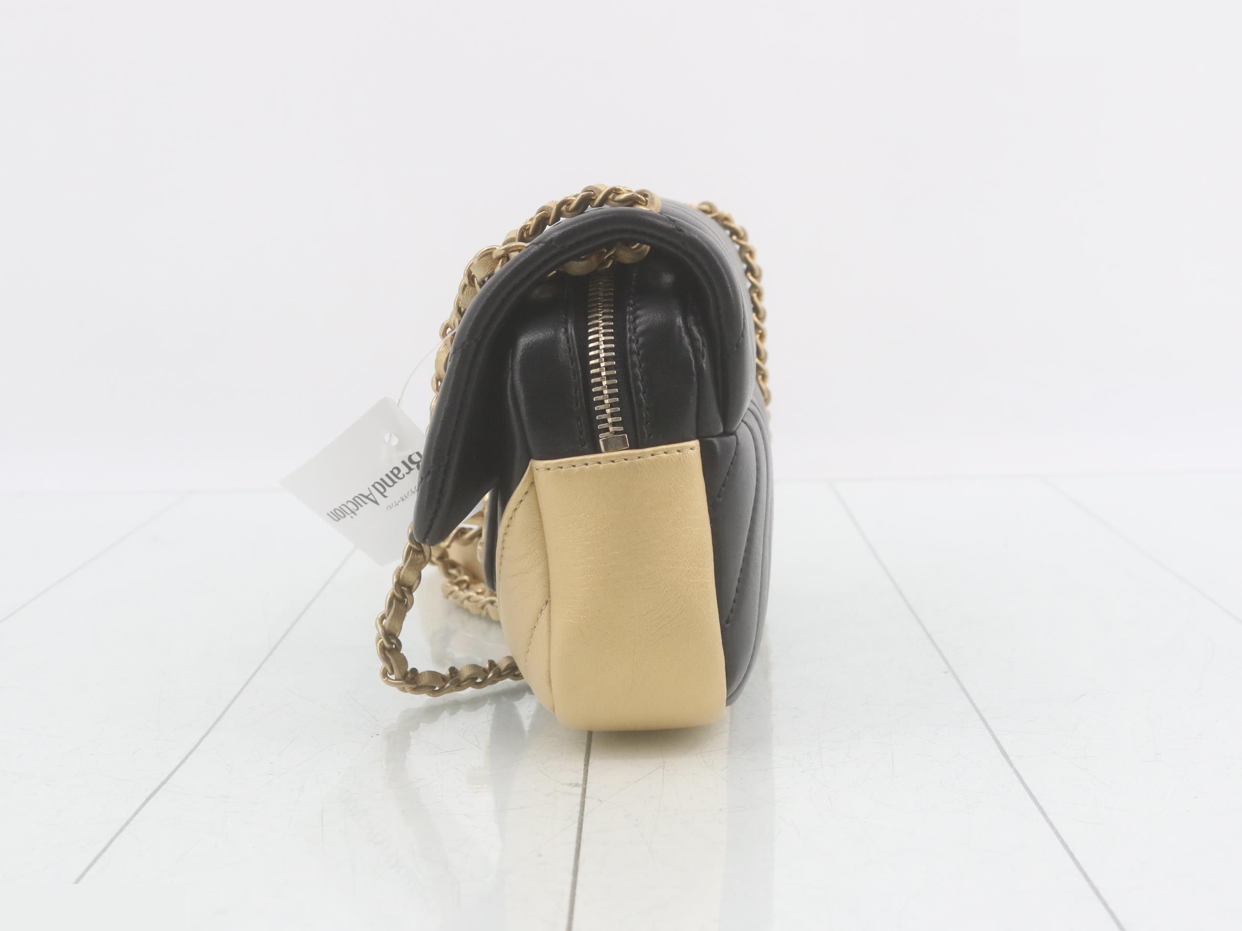 Lambskin V-stitch turn-lock double chain shoulder bag, two-tone. — view 3