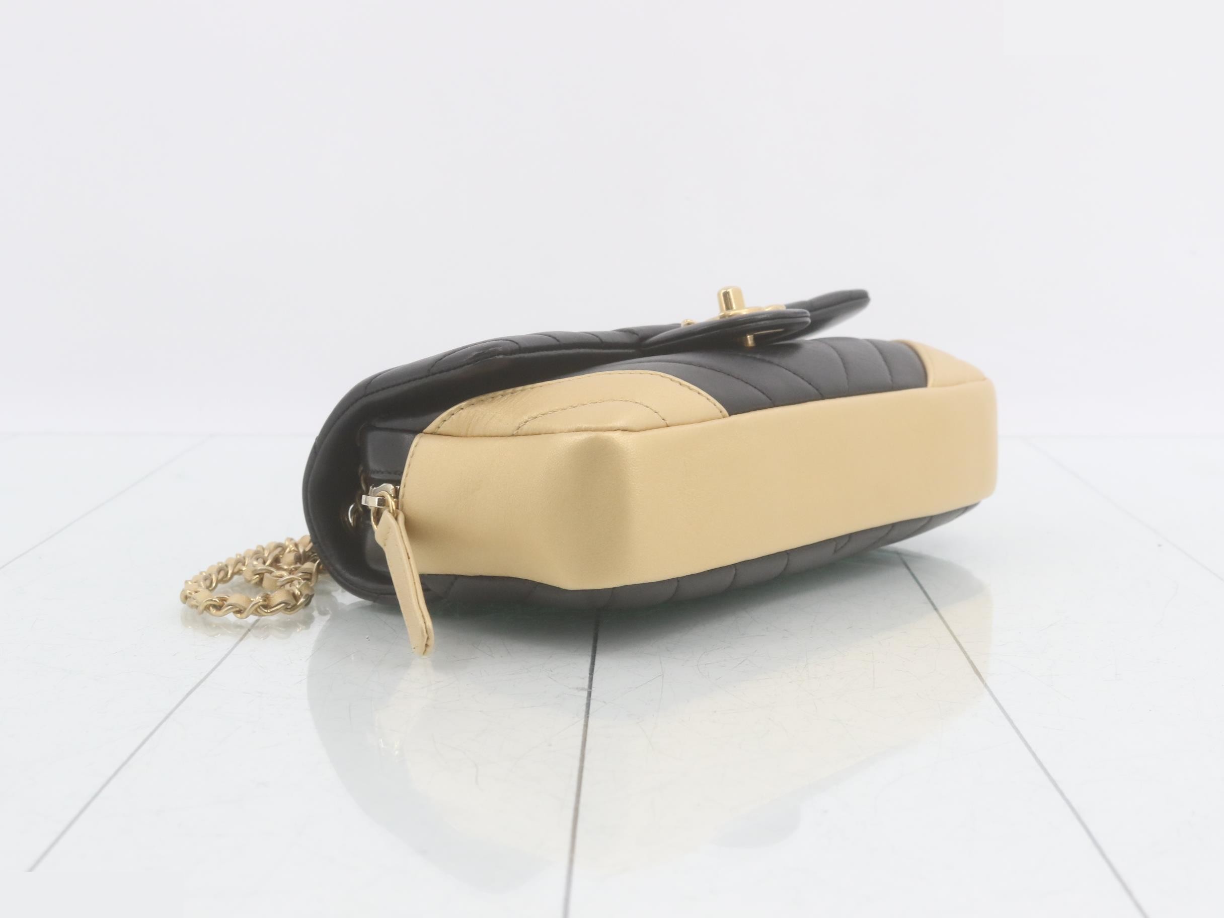 Lambskin V-stitch turn-lock double chain shoulder bag, two-tone. — view 5