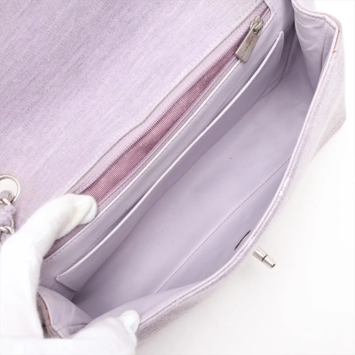 Matelassé Cotton Single Flap Single Chain Bag, Purple, Silver Hardware, 5900433 (Serial Number 5) — view 6