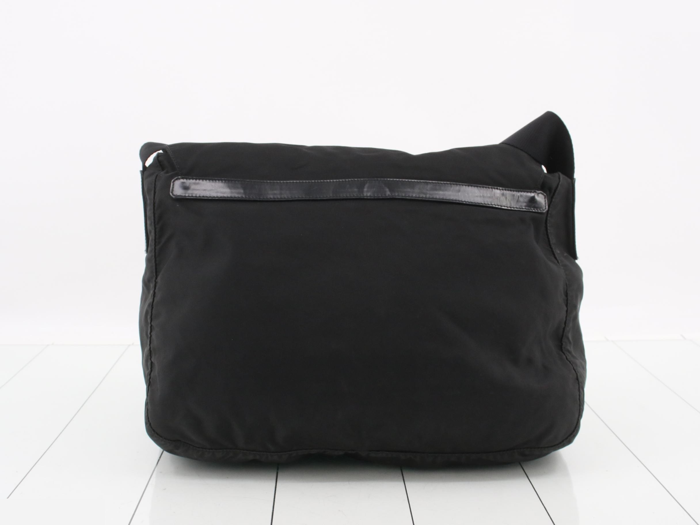 messenger shoulder bag, nylon/leather, black, silver hardware — view 2