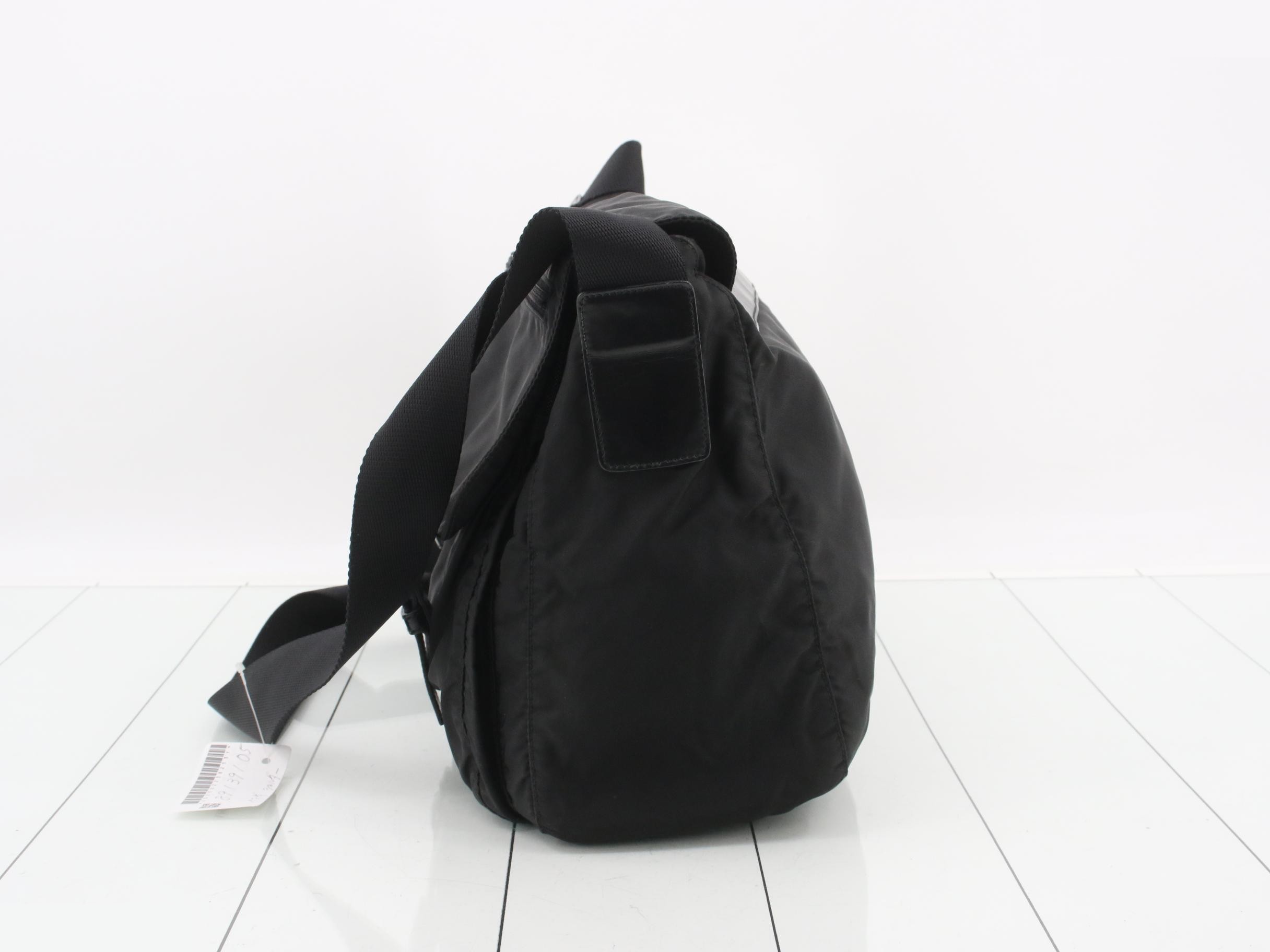 messenger shoulder bag, nylon/leather, black, silver hardware — view 3