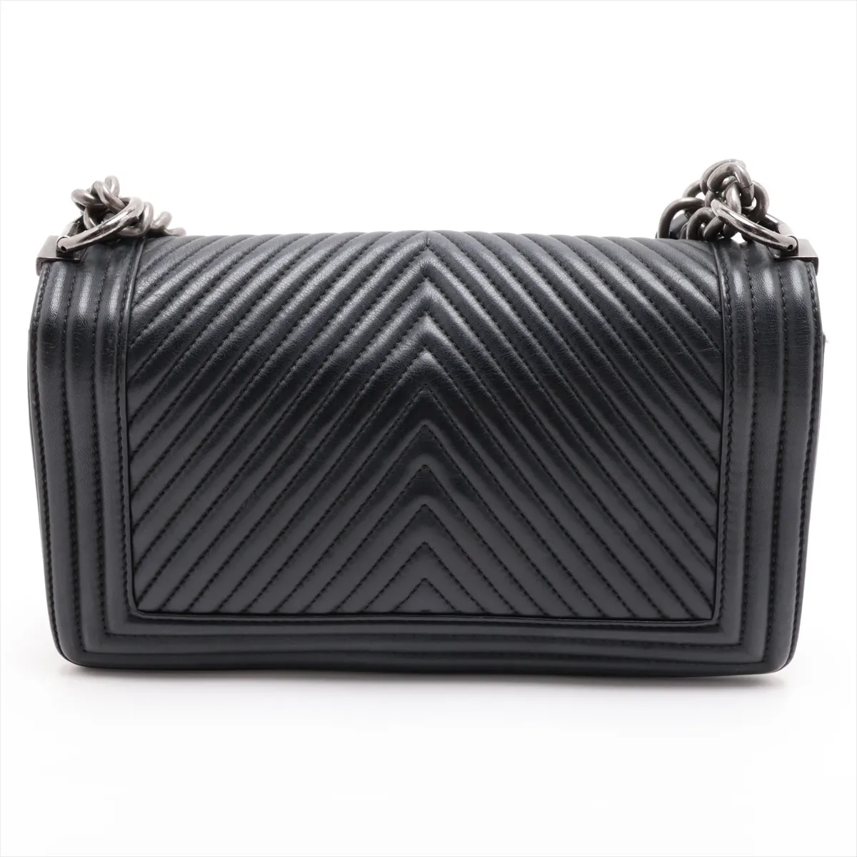 Boy Chanel 25 Lambskin Chain Shoulder Bag, Chevron Pattern, Gunmetal Hardware, 19926952, Serial Number 19-series, A67086 — view 2