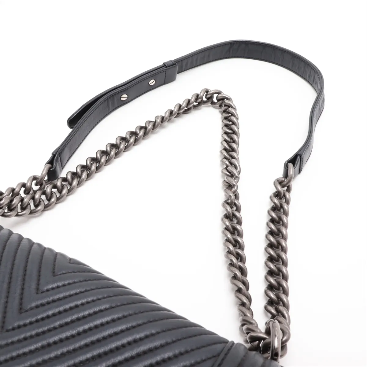 Boy Chanel 25 Lambskin Chain Shoulder Bag, Chevron Pattern, Gunmetal Hardware, 19926952, Serial Number 19-series, A67086 — view 5